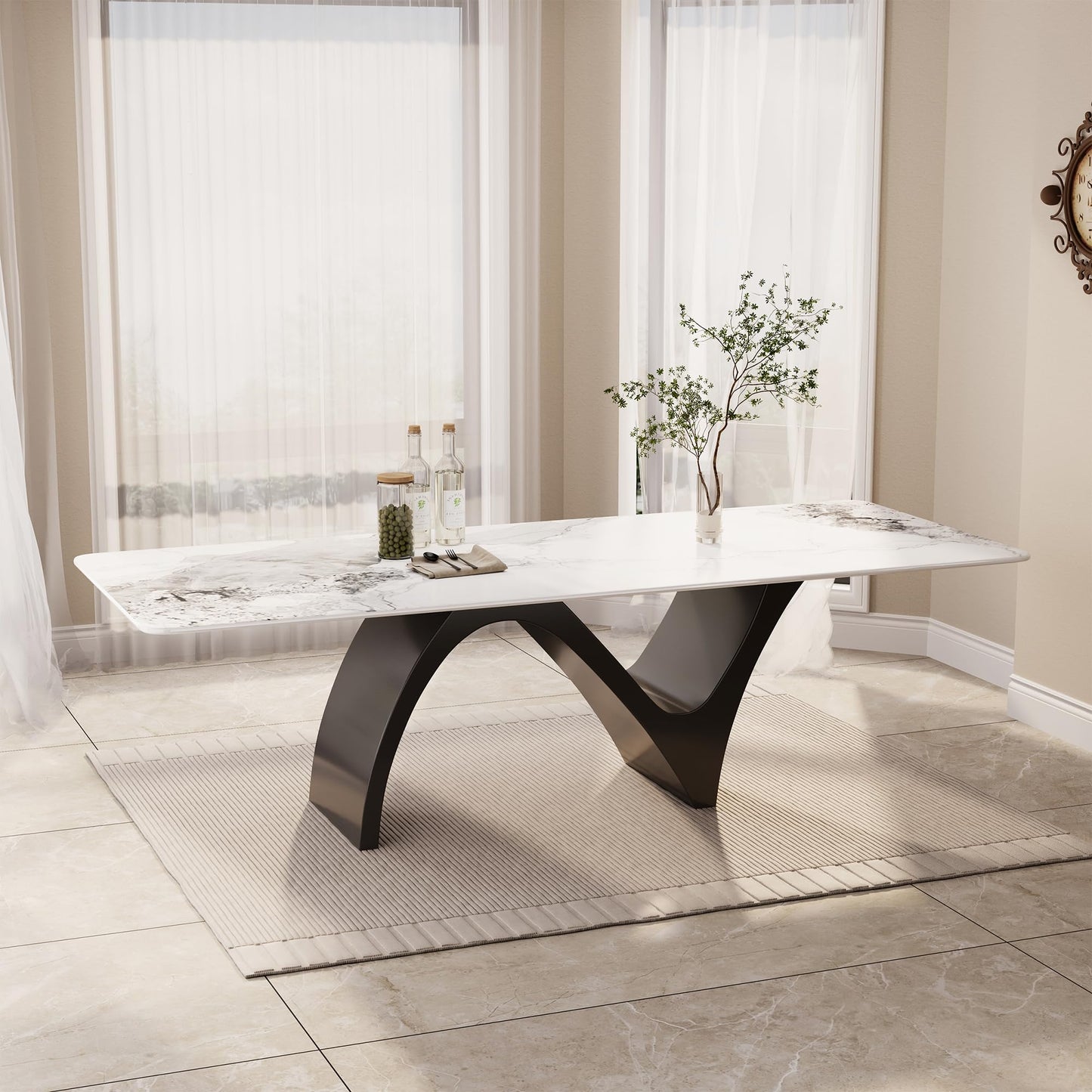 Modern Dining Table for 6, Sintered Stone Dining Tabletop with Unique N-Shaped Metal Base, 71" Rectangle Dining Table for Dining Room Table Kitchen (Table Only)