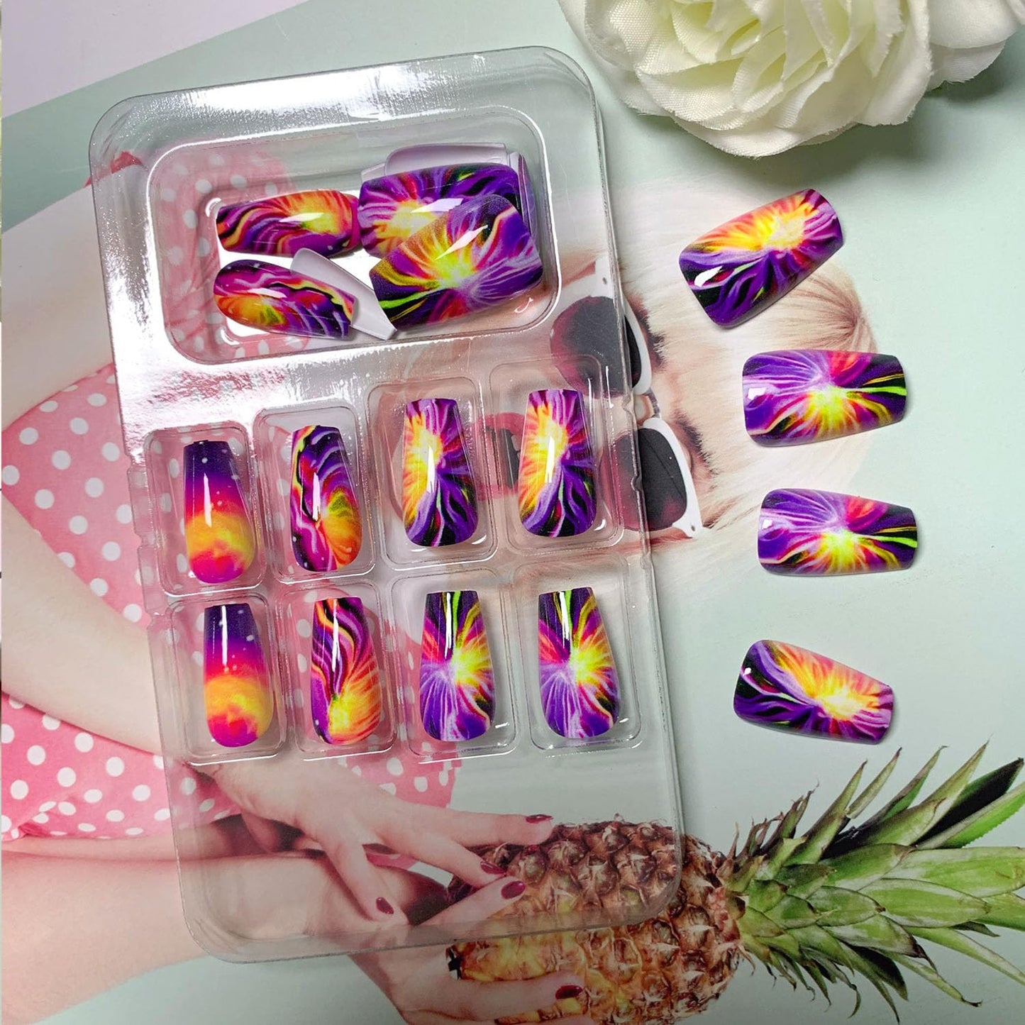 Short Coffin Press on Nails Colorful Fake Nails Firework Acrylic Nails Glossy Full Cover Nails Press ons Purple & Blue Reusable Stick on Nails for Women 24 Pcs