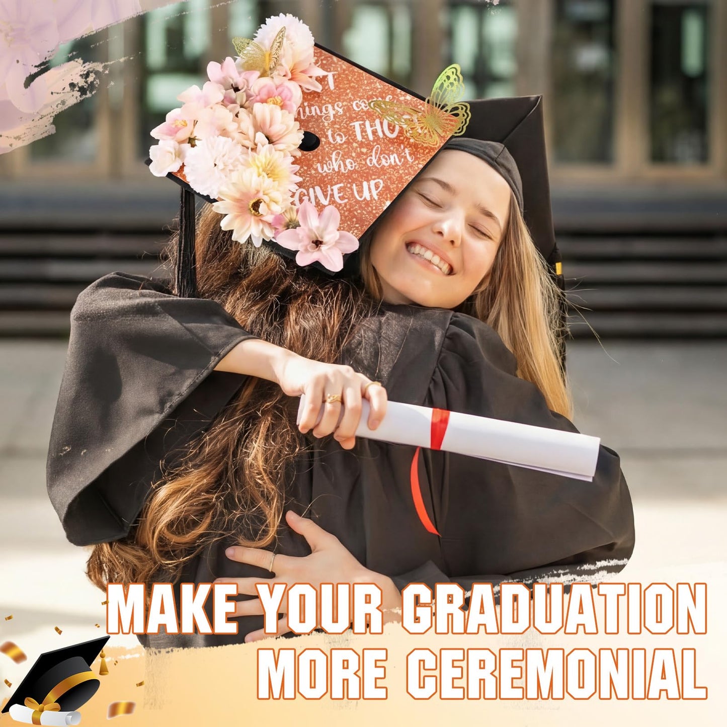 Dunzoom 34 Pcs DIY Graduation Cap Decorations Accessory Kit Artificial Flowers Inspirational Cardstock 3D Butterfly Stickers for DIY Hat Grad Cap Topper Graduation Party Supplies(Orange)