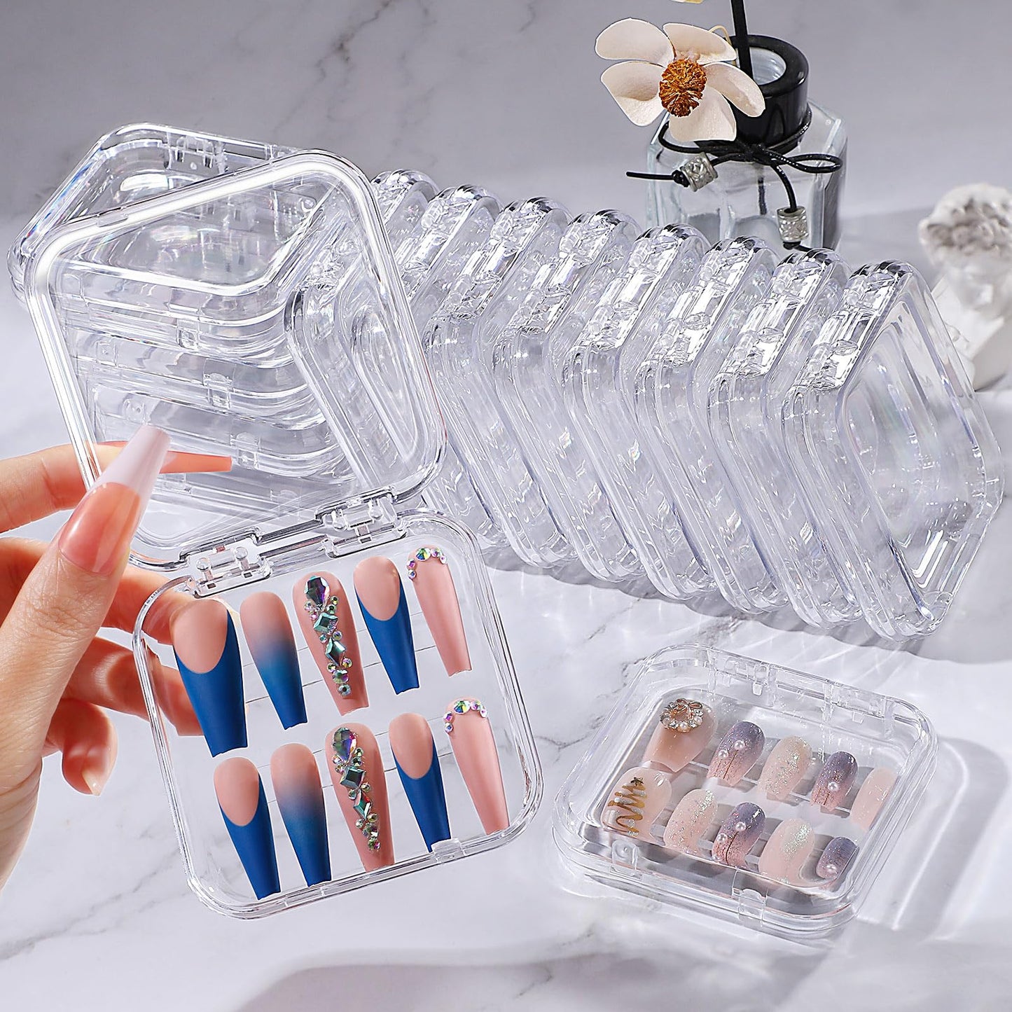 Udefineit 27PCS Press on Nail Boxes with 5M Nail Tape, Clear Acrylic Nail Display Box for Storage Nail Tips Press on Container Plastic Empty Packaging Boxes for Nail Art Home Beauty Salon