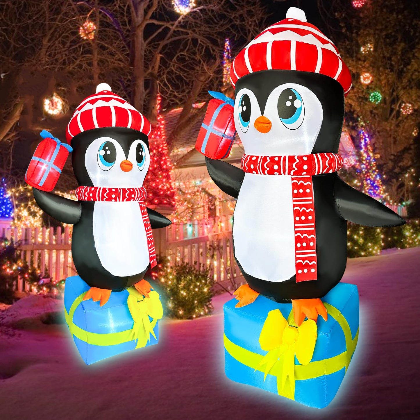 JOYEASE 5.5 FT Christmas Inflatables Penguin with Gift Boxes Decoration, LED Lighted Christmas Blow up Yard Decorations for Party Indoor Outdoor Garden Lawn Decor Xmas Inflatables Present