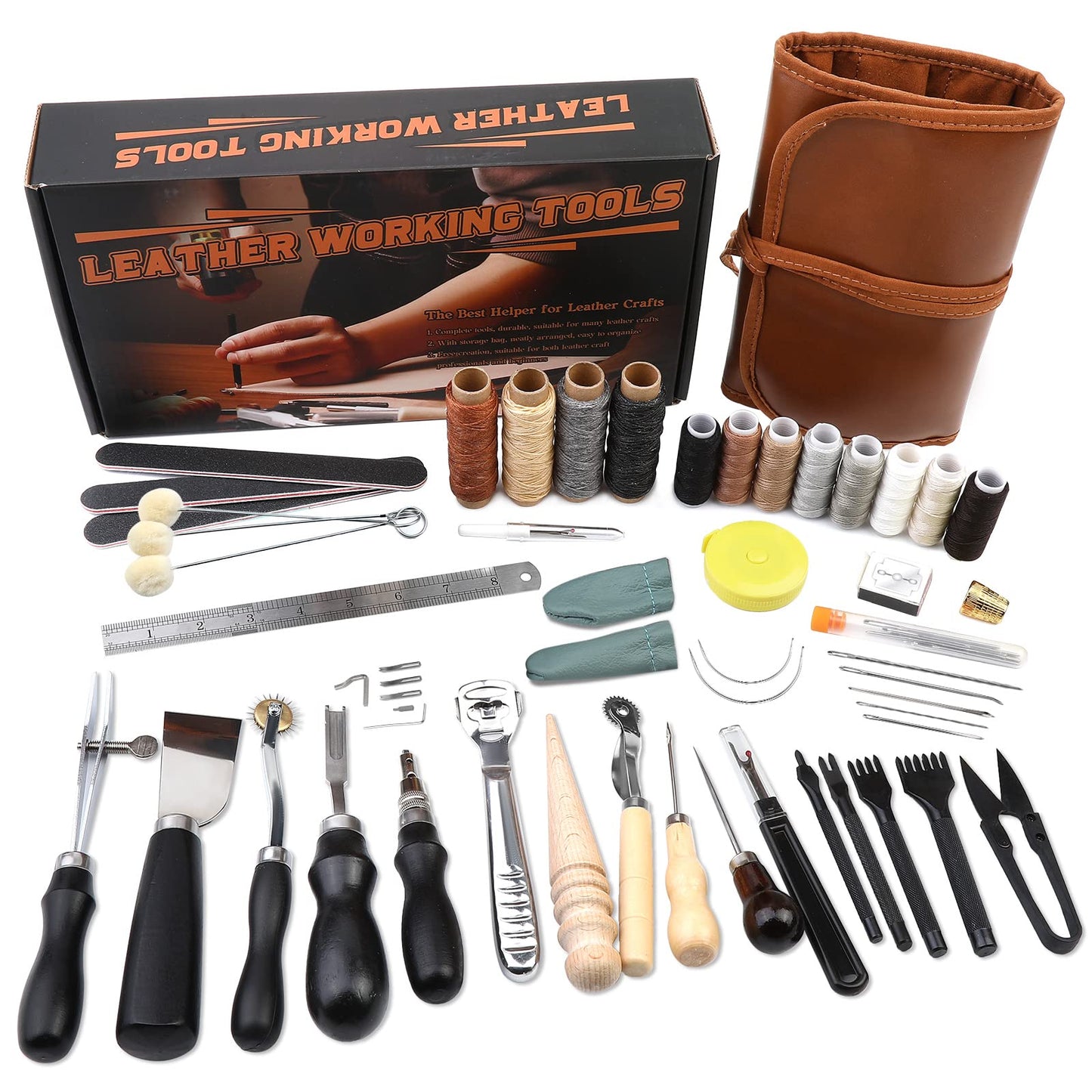 BUTUZE Leather Tooling Kit, Practical Leather Working Tools with Beveler, Groover, Stitching Punch Sewing Thread and Needles - Comes with Roll Bag and Manual