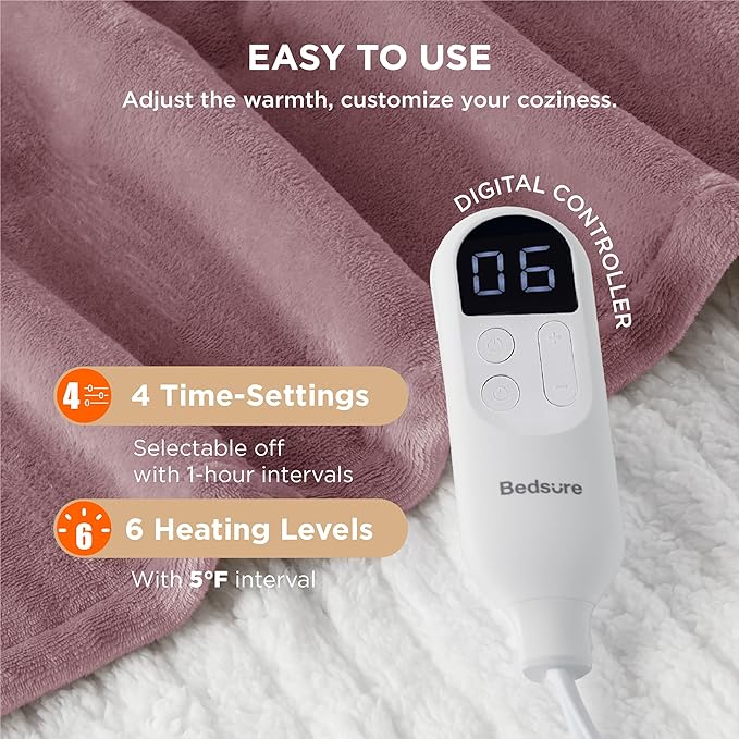 Bedsure Heated Blanket Electric Throw - Soft Flannel Electric Blanket, Heated Throw with 4 Time Settings & 6 Heat Settings, Warm Gift for Grandma (50x60 inches, Woodrose)