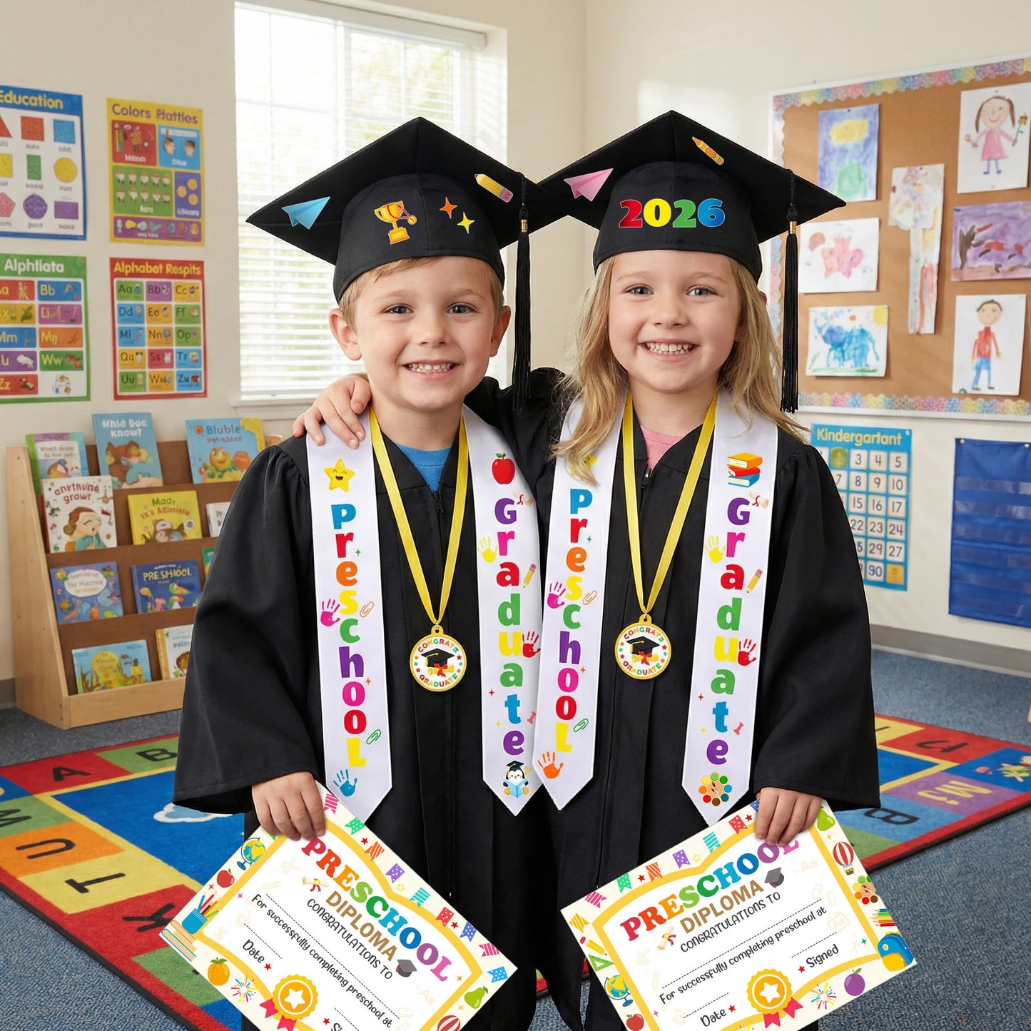 Wehhbtye 12 Pcs Preschool Kindergarten Graduation Cap Stole Iron on Letter Set, Preschool Graduation Cap Stole Decoration Includes Iron on Letters Certificate Medal for Kids Students DIY Craft
