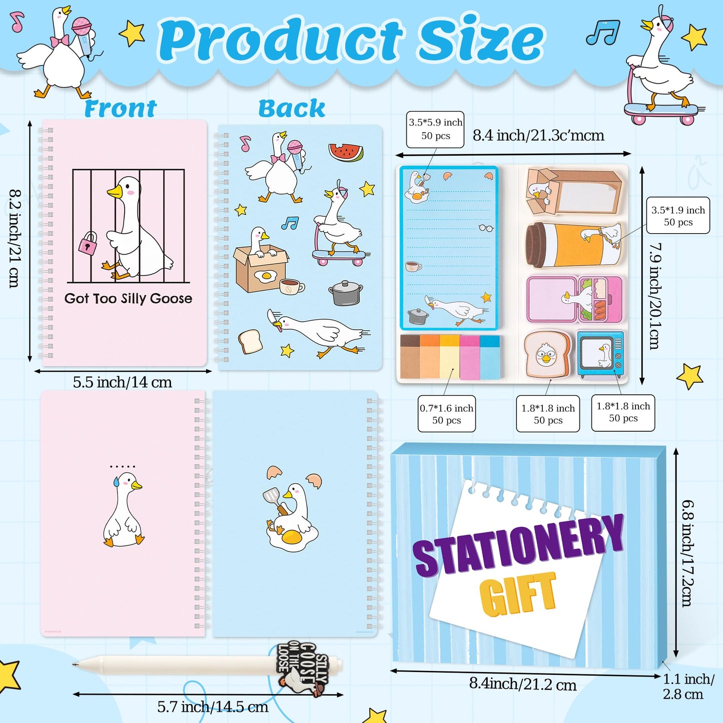 B1ykin Teacher Appreciate Stationery Gift Set - 3Pcs Got Too Silly Goose A5 Spiral Notebook & 550 Sheets Sticky Notes with Pen, Back to School Gift with Box for School Students Office (Funny Goose)
