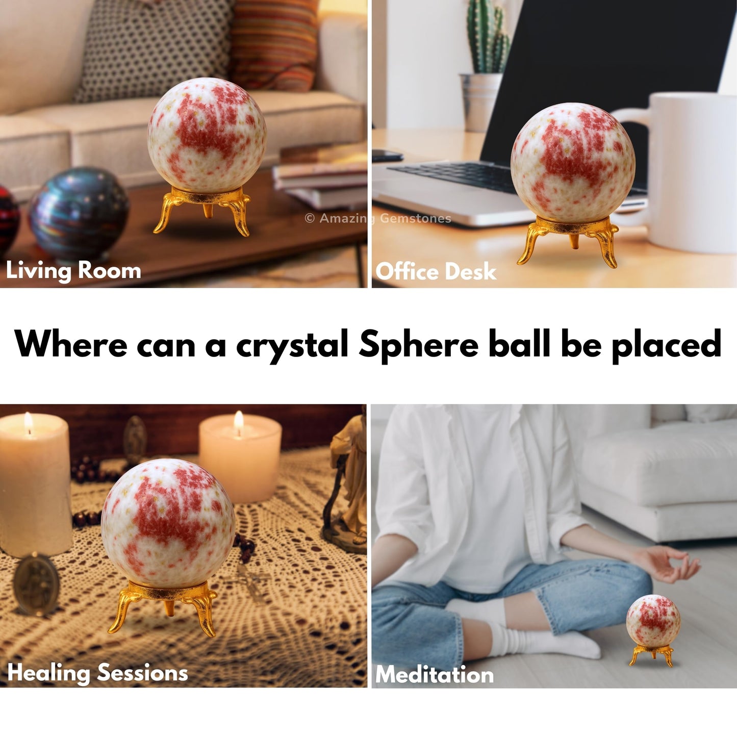 Amazing Gemstone Cinnabarite Crystal Ball with Stand - 2 Inches Crystal Sphere Meditation Balls for Witchcraft and Decorative Balls
