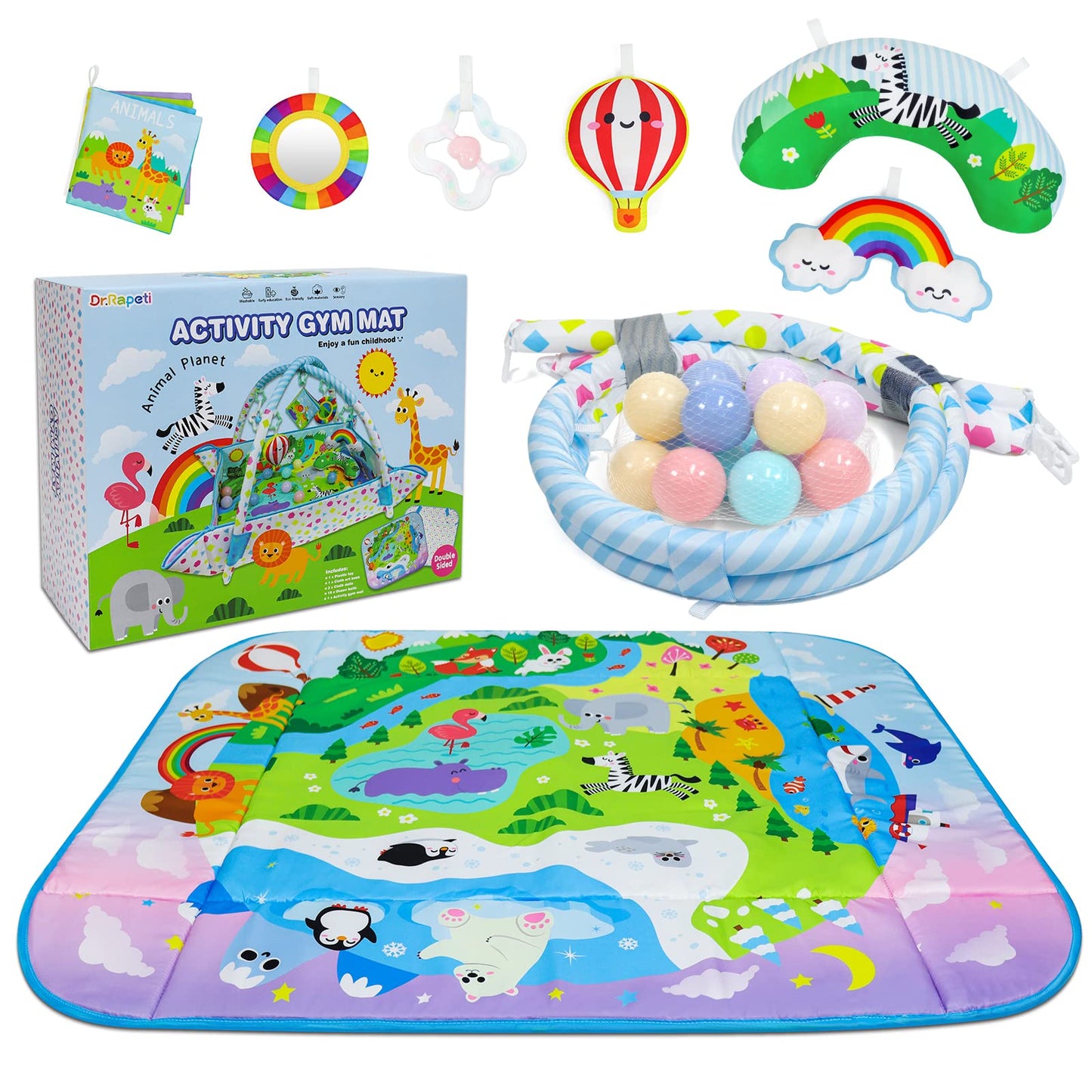 Dr.Rapeti Baby Play Gym Mat Animal Planet with Ball Pit Activity Gym Center Tummy Time Mat Thickened Mat Sensory Exploration Motor Skill Development for Newborn Infant Baby Toddler for 0+