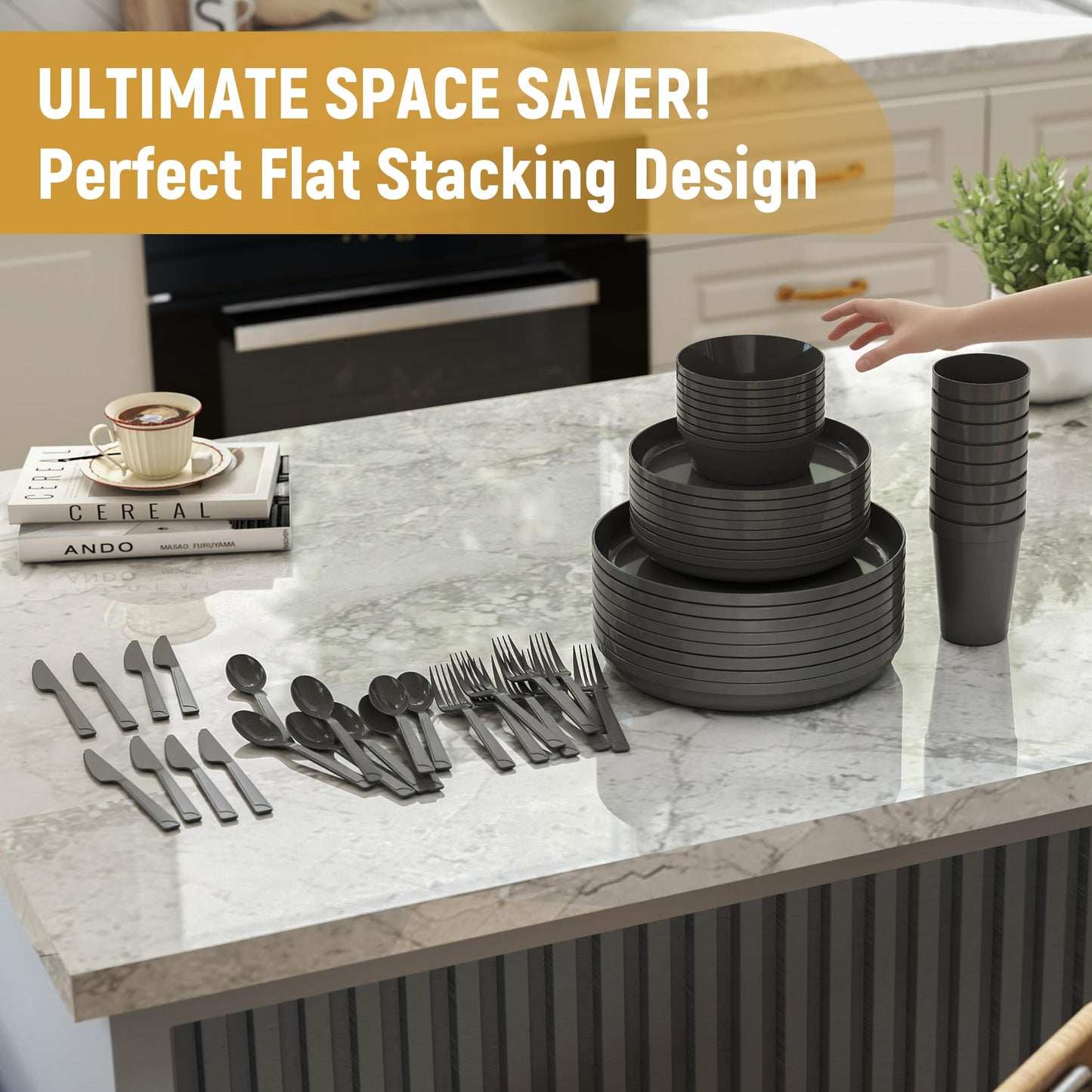 ZIVONA 40 Piece Apartment Essentials Dinnerware Set, Stackable Space-Saving Plates & Large Flat Bowls (Pasta/Salad), Modern Matte Unbreakable Plastic Dishes, Microwave Safe, Pastel