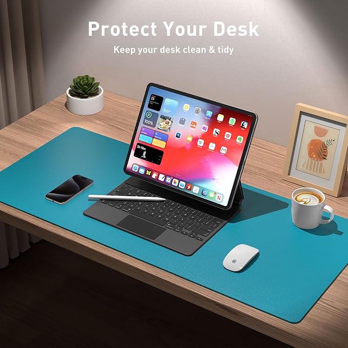 Aothia Leather Desk Pad Protector, Office Desk Mat, Large Mouse Pad, Non-Slip PU Leather Desk Blotter, Laptop Desk Pad, Waterproof Desk Writing Pad for Office and Home (48"x17", Turquoise)