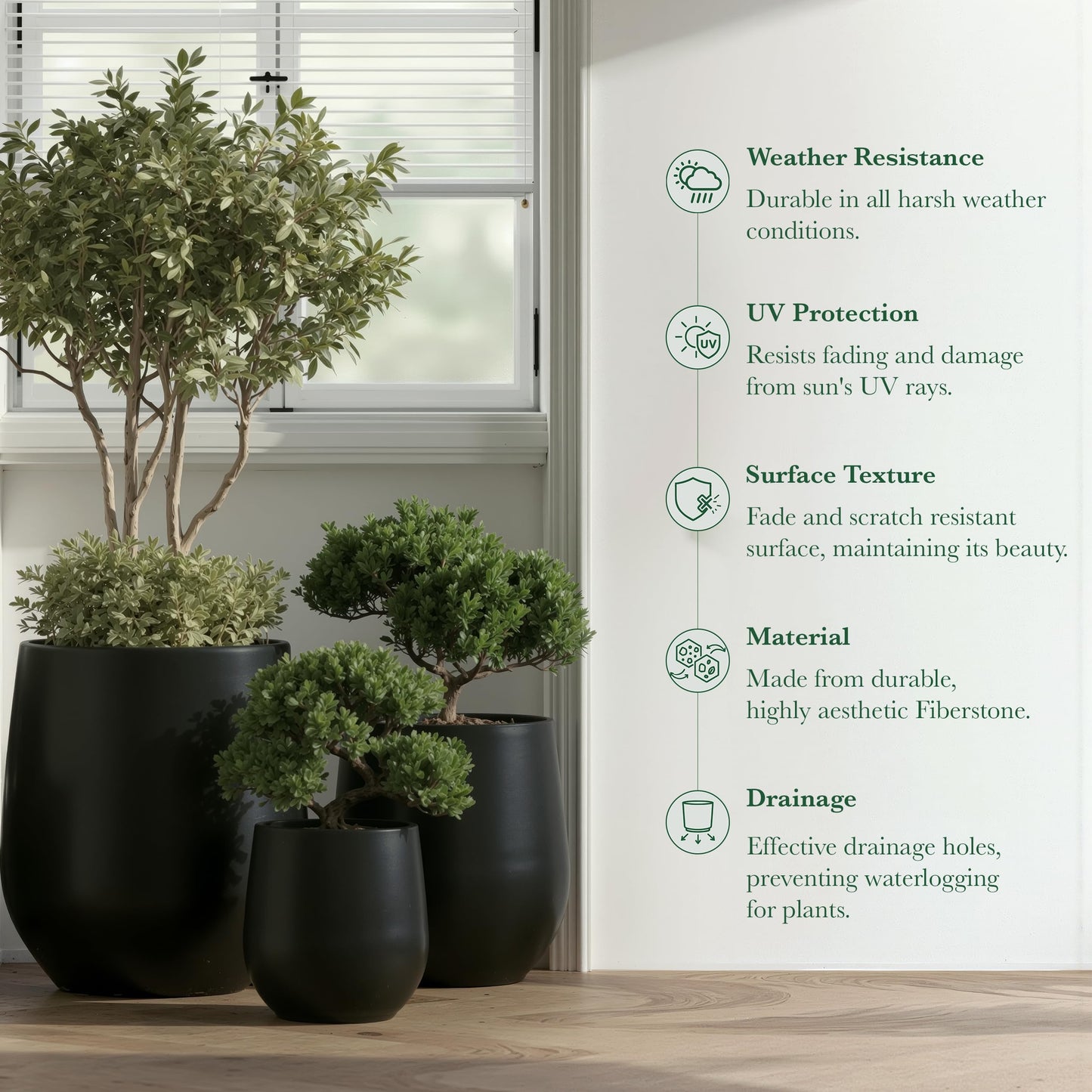 DTY Premium Mt Wilson Tall Tapered Fiberstone Planter for Indoor Outdoor Use, Modern Large Olive Tree Pot with Drainage Hole, Includes 2 Coco Mats. Black, Medium 15'' D x 16.7” H. 11.2” Pot Opening