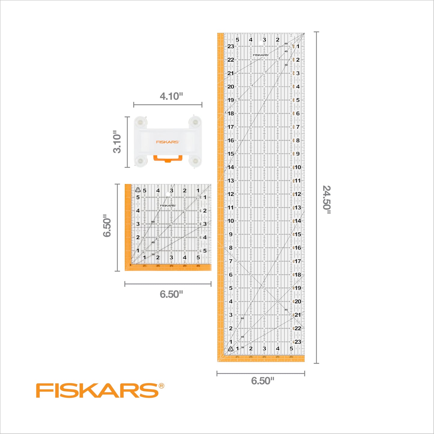 Fiskars 3-Piece Ruler & Connector Set, 6.5"x6.5" and 6.5"x24.5" Rulers, Precision Measuring Tool for Arts & Crafts, Easy Alignment & Cutting