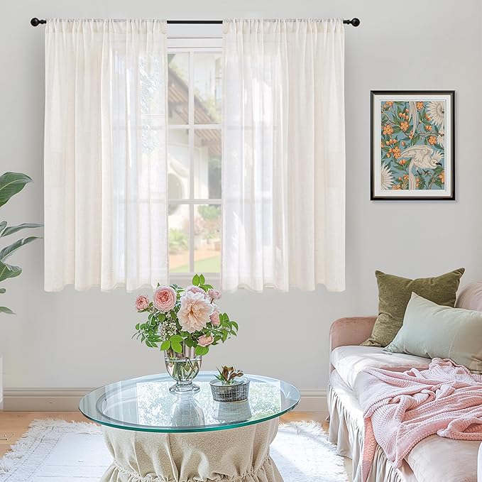 BGment 48 Inch Length Natural Linen Curtains for Short Living Room Window - Ivory Semi Sheer Textured Drapes Light Filtering with Rod Pocket for Bathroom Bedroom Lightweight, 2 Panels, 42 X 48 Inch
