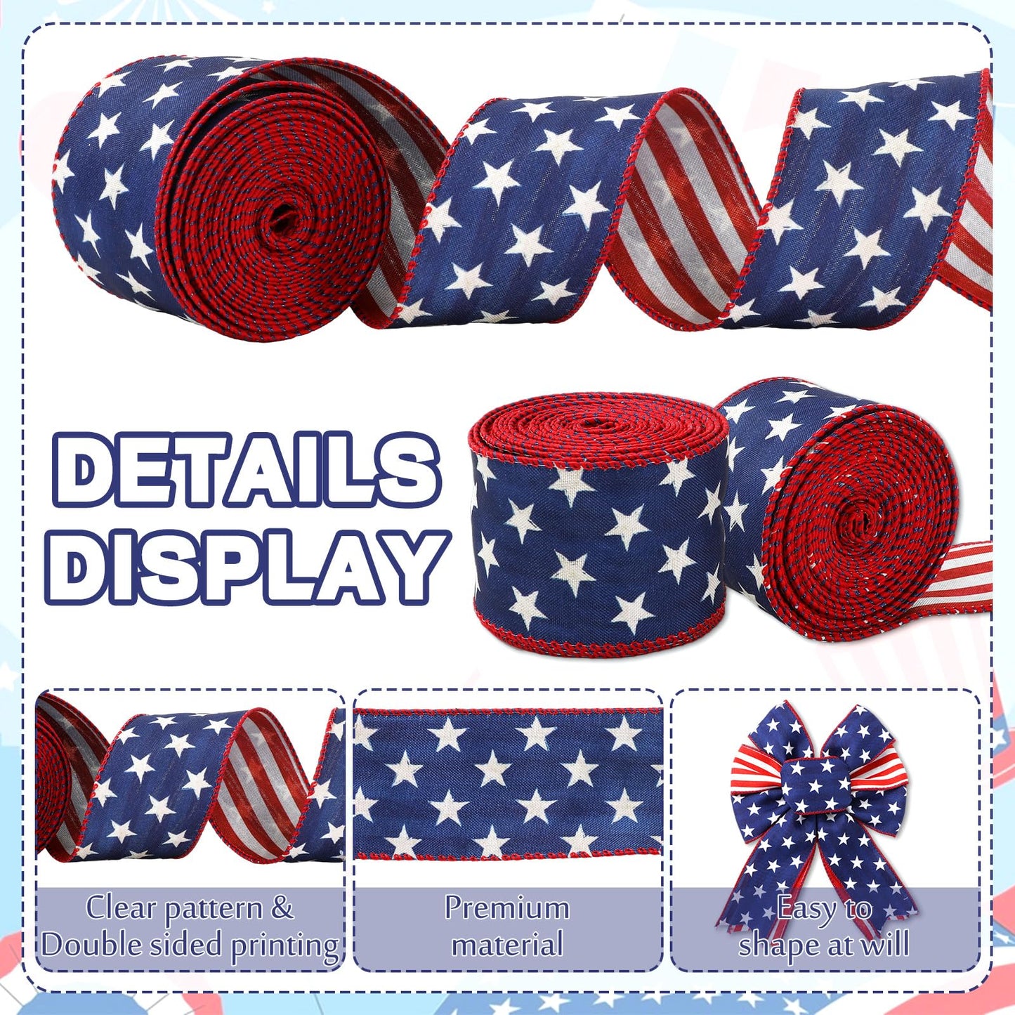 JarThenaAMCS 2 Rolls Patriotic Wired Edge Ribbon Double Sided 4th of July Red White Blue Star Stripe Fabric Ribbon for Independence Memorial Day Gift Wreath Bow Craft Wrapping Party Decor, 20 Yard