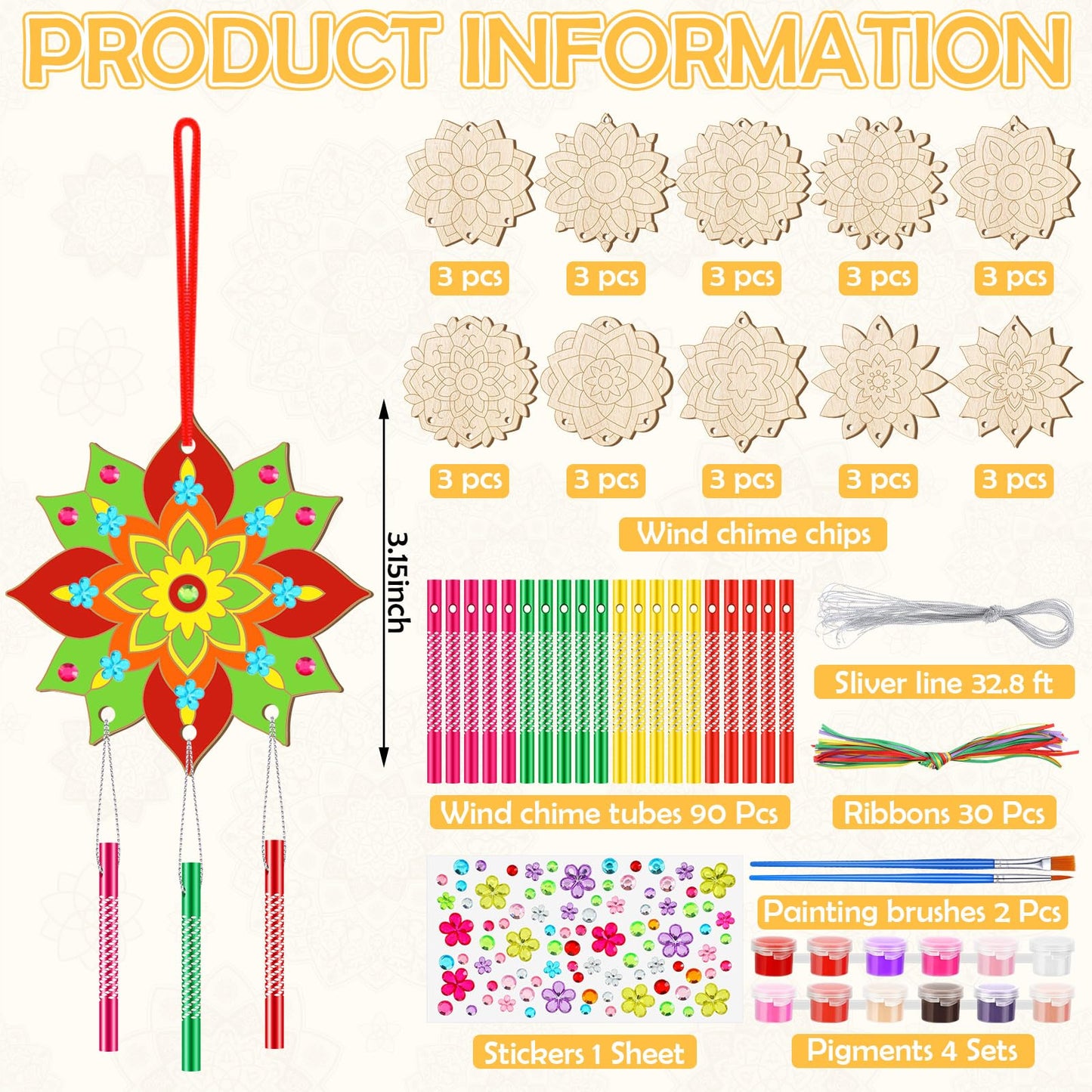JellyArch 30 Pack Spring Mandala Wind Chime Making Crafts Kit for Adults, Make Your Own Wind Chime Bulk Wooden Hanging Ornaments for DIY Activity Birthday Summer Decoration