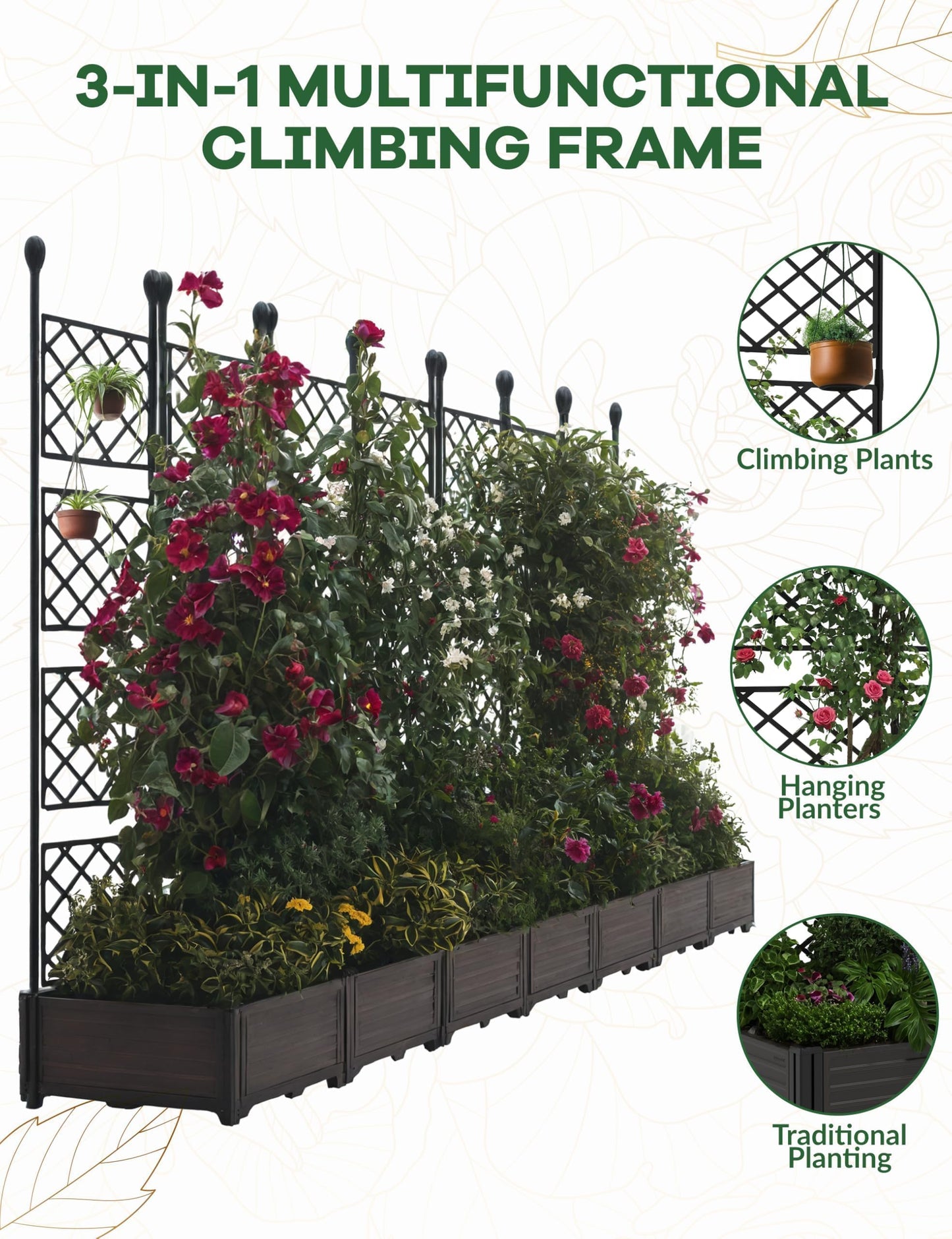 7 PCS Raised Garden Bed with Trellis, 114" LX16 WX63 H Plastic Planter Box for Climbing Plants, Outdoor Vertical Garden with Privacy Screen for Patio, Balcony, Backyard – Sturdy & Lightweight