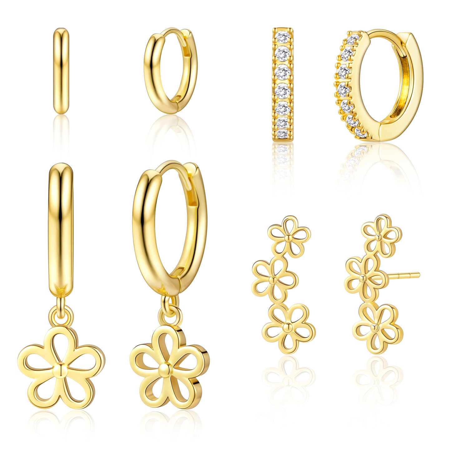 Gold Flower Earrings for Women,Huggie Small Stack Cartilage Stud Hoop Earring Sets for Multiple Double Piercing, Conch Helix Rook Tragus Daith Piercing Gold Clip On Jewelry Set Gifts