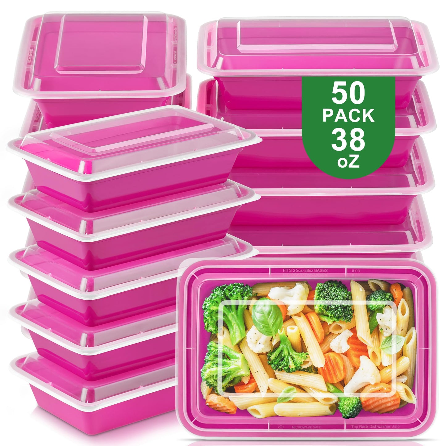 NUTTUTO 50 Pack Meal Prep Containers with Lids 38oz - BPA-Free, Reusable, Leakproof Food Storage Containers - Microwave/Dishwasher/Freezer Safe, To Go Take Out Plastic Food Storage Pans(Red)