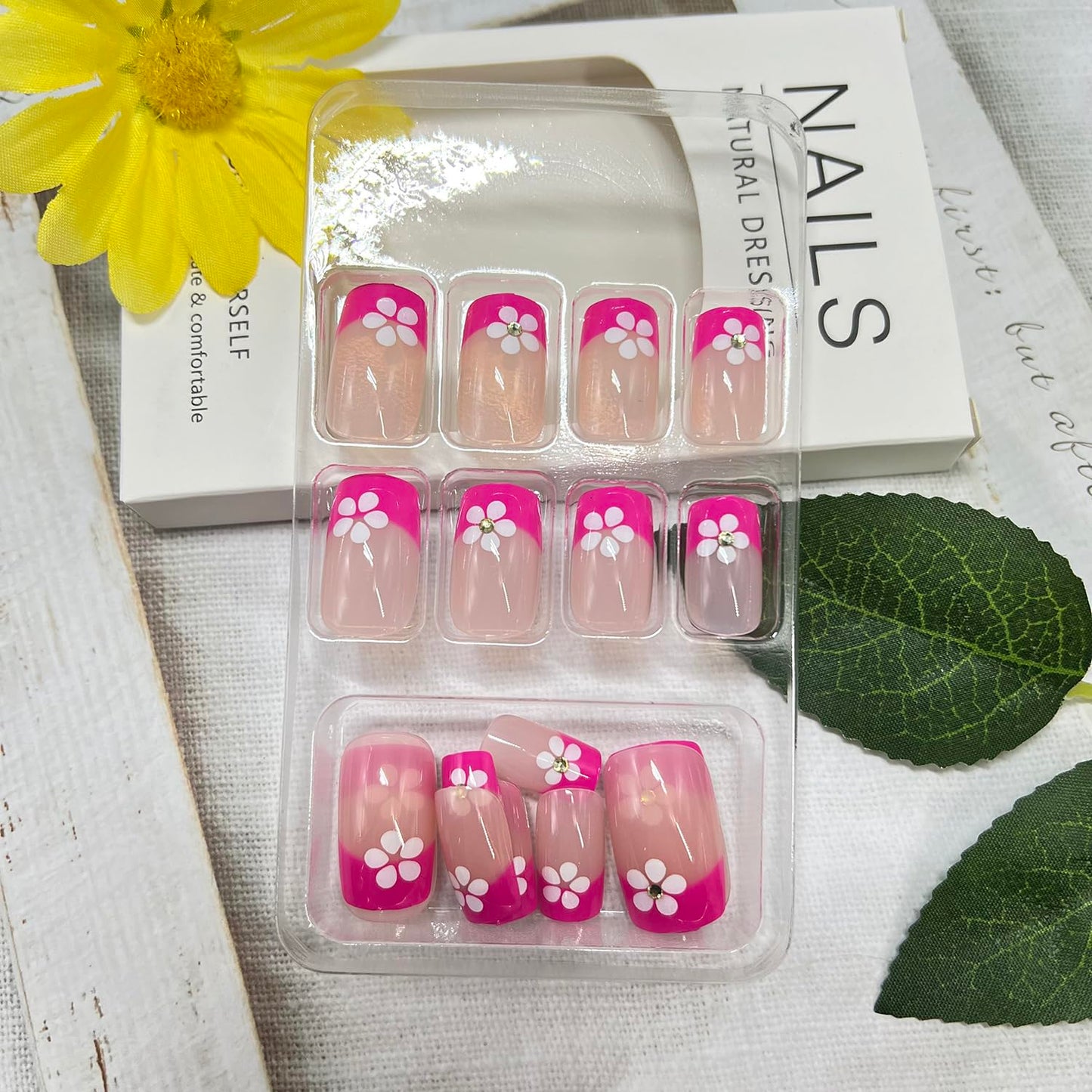 Pink French Tip Press on Nails Medium Square Fake Nails with Rhinestones Designs Flower False Nail Glossy Full Cover Acrylic Spring Floral Stick on Nail for Women 24Pcs