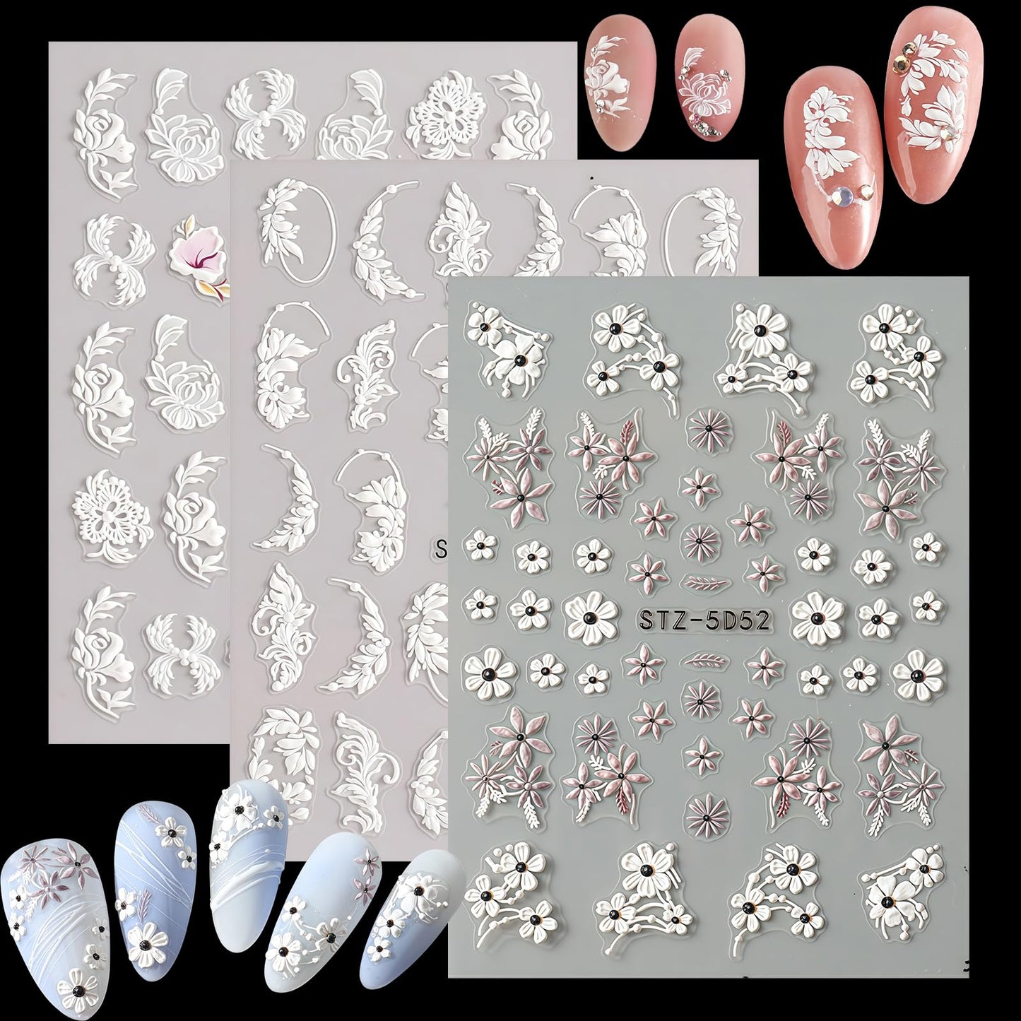 3 Sheets Flower Nail Art Stickers Decals 5D Self-Adhesive Nail Decals Spring/Summer White Fringed Iris Designs, Self-Adhesive Decals for Women's Nail DIY Decoration
