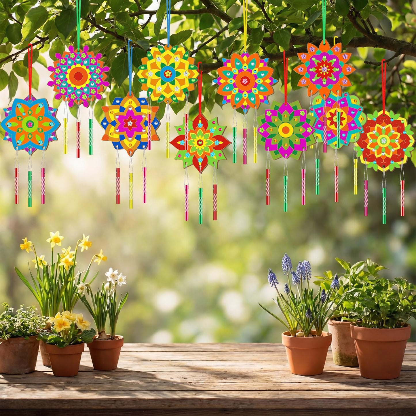 JellyArch 30 Pack Spring Mandala Wind Chime Making Crafts Kit for Adults, Make Your Own Wind Chime Bulk Wooden Hanging Ornaments for DIY Activity Birthday Summer Decoration
