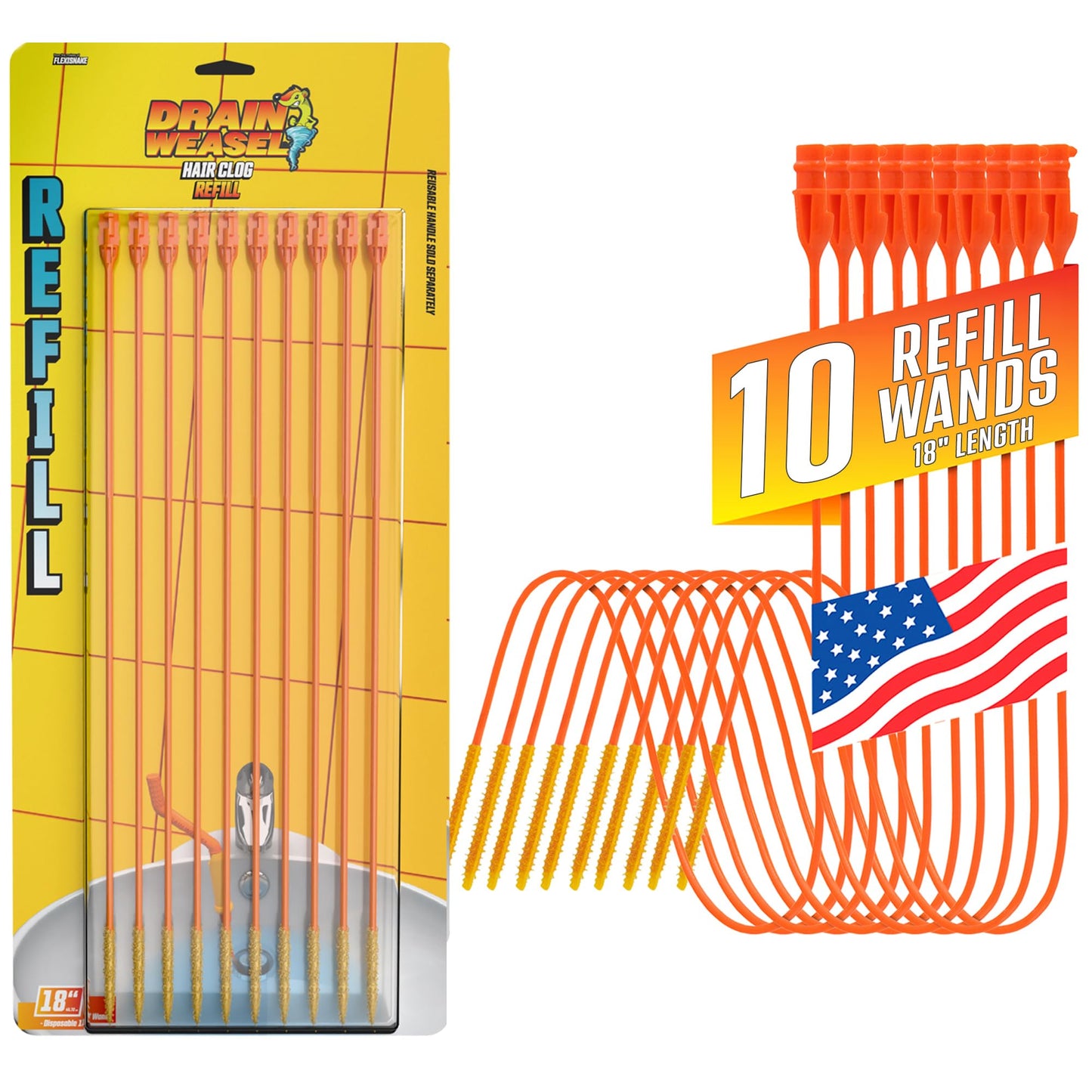 FlexiSnake Drain Weasel Refill - Sink Snake Hair Clog Remover Tool, Sink, Pipe, Bathroom, Bathtub Drain Cleaner, 18-inch Long Flexible Disposable Wands, Made in The USA, 10 Pack