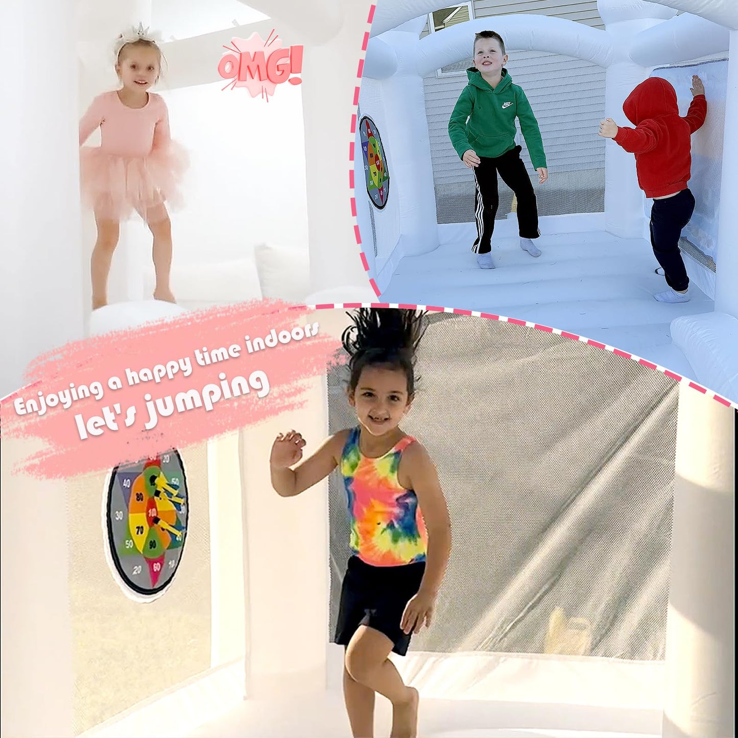 White Inflatable Bounce House for Kids, Blow Up Backyard Bouncy Castle with Slide, Water Doodle Mat, Basketball Hoop, Target & Balloons (White Bounce House Without Blower)