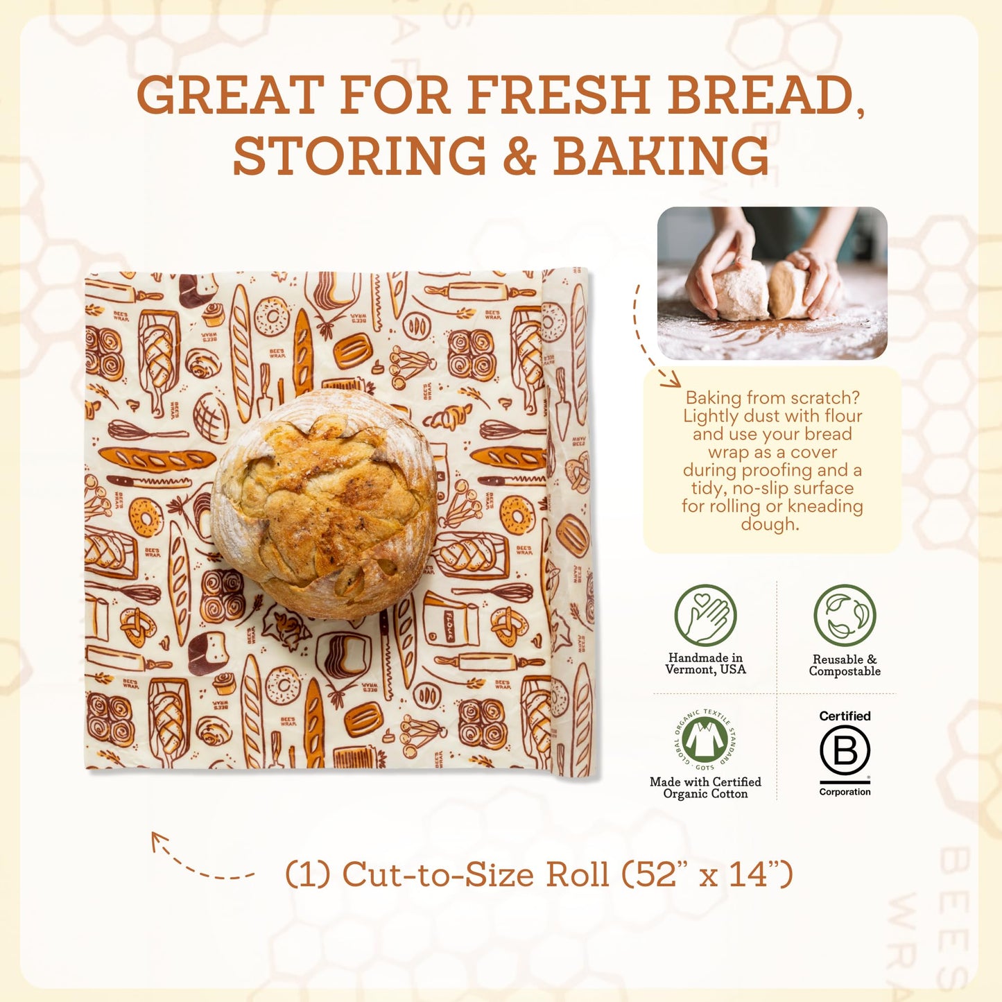 Bee's Wrap Beeswax Wraps for Food - Cut to Size 14x52" Beeswax Wrap Roll - Plastic Free Made in USA Reusable Natural Food Wrap - Bakery Lane