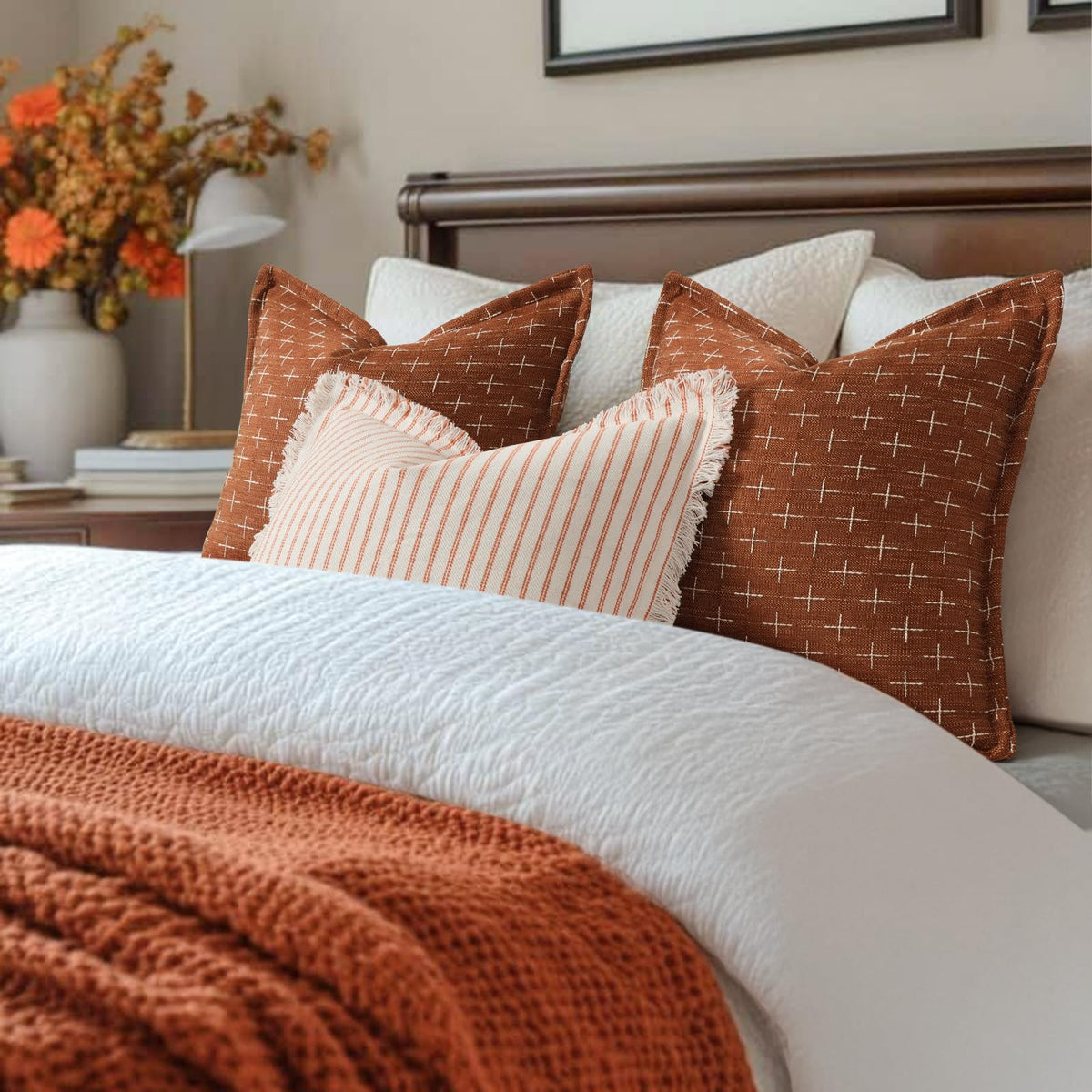 Fall Pillow Covers 20x20 Set of 2 Soft Polyester Textured Rust Pillow Covers with Stylish Flange Edge Cozy Farmhouse Throw Pillows for Couch Bed Sofa Living Room Fall Decor (2 Count)