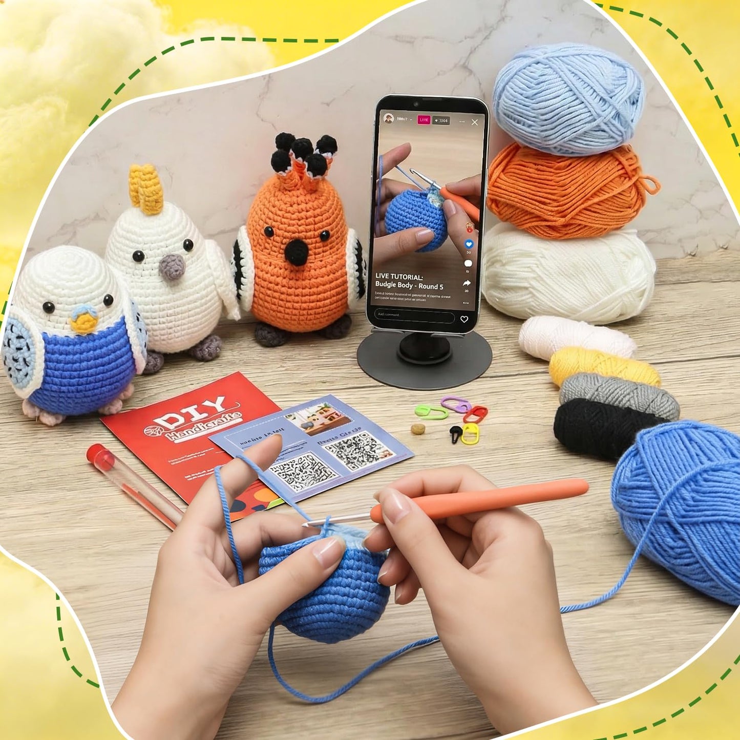 GONELYON Crochet Kit for Beginners, Crochet Kit for Beginners Crochet Starter Kits for Adults and Kids with Step by Step Video, 3 Kawaii Parrots DIY Yarn Plush