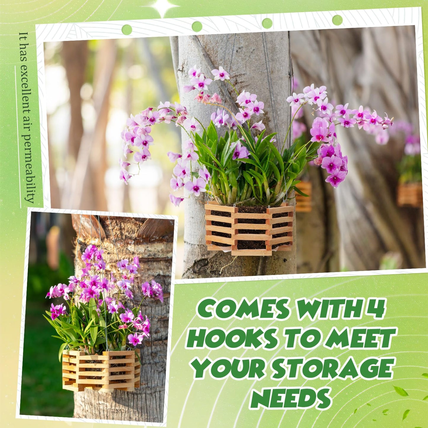 Romooa 4 Pcs Wooden Orchid Baskets with Hangers for Outdoor Plants, Rustic Handmade Vanda Baskets, Hanging Orchid Planter, 4 Size