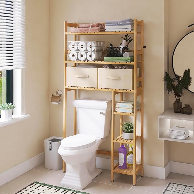 SMIBUY Over The Toilet Storage, Bamboo 6-Tier Bathroom Storage Shelf with Drawers, Freestanding Above Toilet Organizer Rack, Mass-Storage, Space Saver for Small Room (Natural)