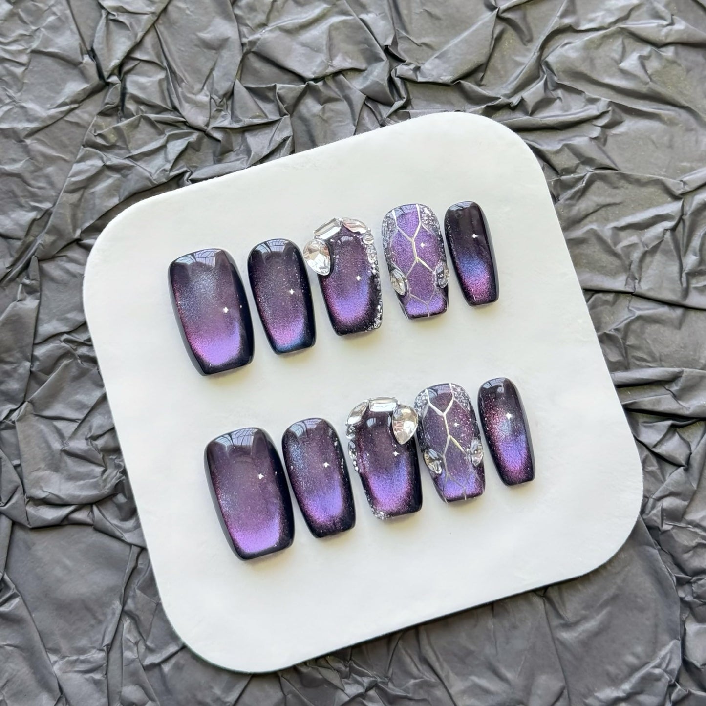 Purple Cat Eye Press On Nails - Galaxy Nebula Design with Crystal & Cracked Stone Accents, Short Coffin Shape, Reusable False Nails for Women (S)