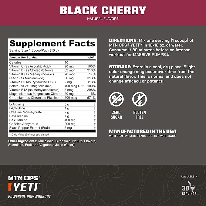 MTN OPS Yeti Pre-Workout Powder Energy Drink with Creatine, 200mg Caffeine & BCAAs with Beta Alanine, 30-Serving Tub, Black Cherry