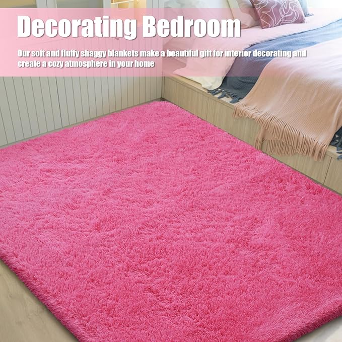 Shag Area Rug for Bedroom 4x6,Fluffy Area Rugs for Living Room,Soft Fuzzy Rug Non-Shedding Indoor Plush Carpet for Kids Bedroom Nursery Dorm Home Decor,Hot Pink