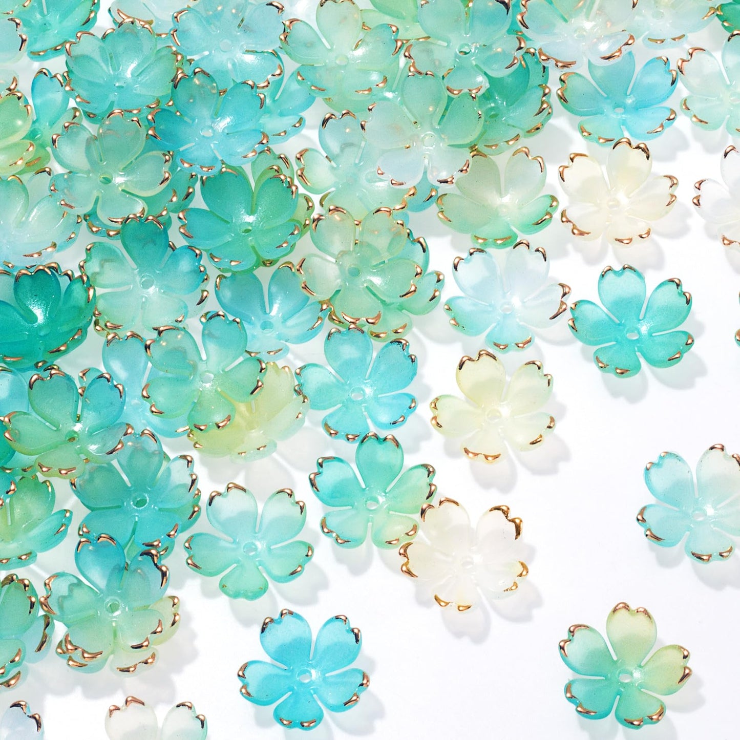 CustomyLife 100pcs Cherry Blossom Beads, 5-Petal Gradient Acrylic Flower Beads, Mini Spacer Hair Accessories Halloween Christmas for Bracelets Earring Jewelry Making- Blue & Green