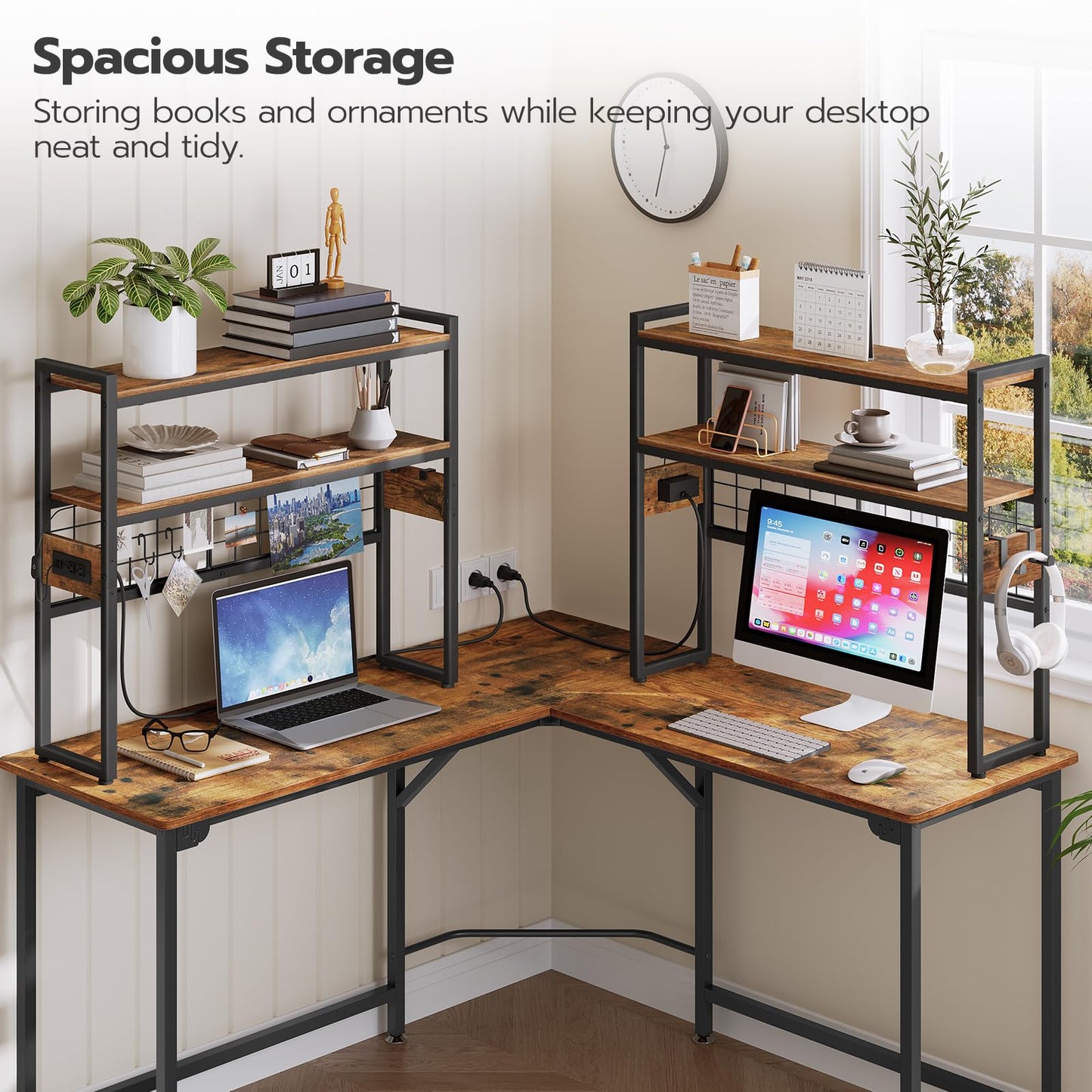 HOOBRO Desktop Bookcase, 2-Tier Desktop Organizer, 29.9" Wooden Office Storage Rack with Outlets, Display Shelf Rack with Light Strip, Desk Hutch for Office, Rustic Brown BF11UDSJ01