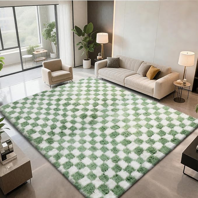 Area Rugs for Bedroom Living Room,8x10 Green and White Fluffy Soft Checkered Rug Fuzzy Shag Shaggy Carpet, Indoor Plush Floor Rugs for Kids Boys Girls Teen Dorm Nursery Home Decor