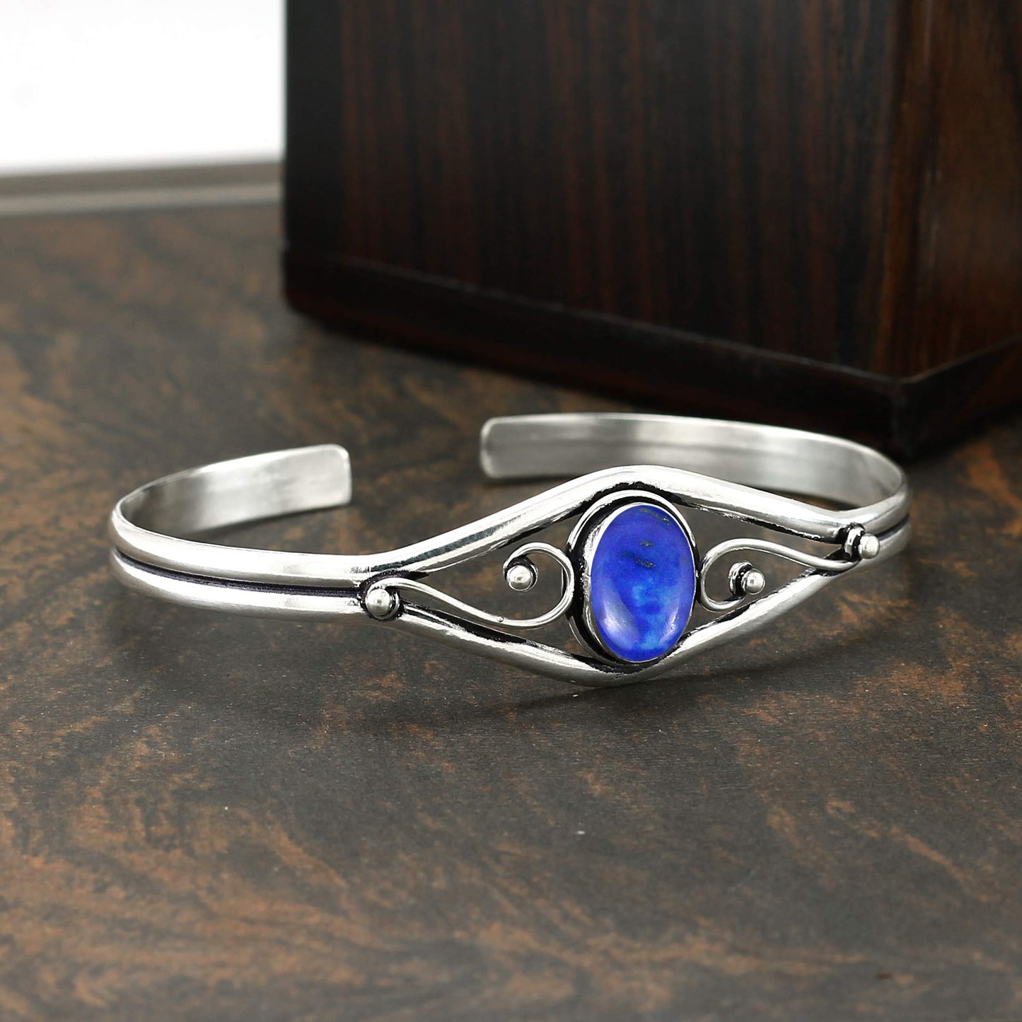 925 Silver Plated Natural Lapis Lazuli Cuff Bangle Bracelet for Women – Handmade Open Bangle – Blue Gemstone September Birthstone Statement Jewelry – Gift for Her