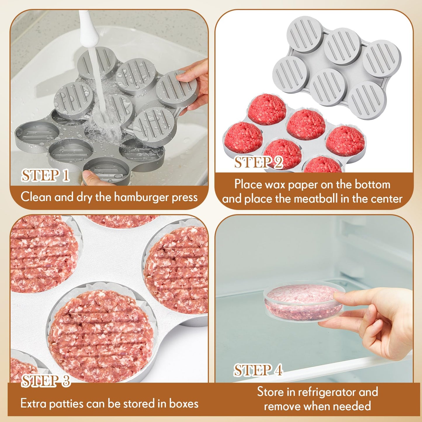 Reallnaive Mini Burger Press with 200 Patty Papers and 6 Storage Containers 6 Slots Meat Sausage Patty Maker Paper Sheets Set for Small Burger Barbecue, Make 6 Pieces at Once