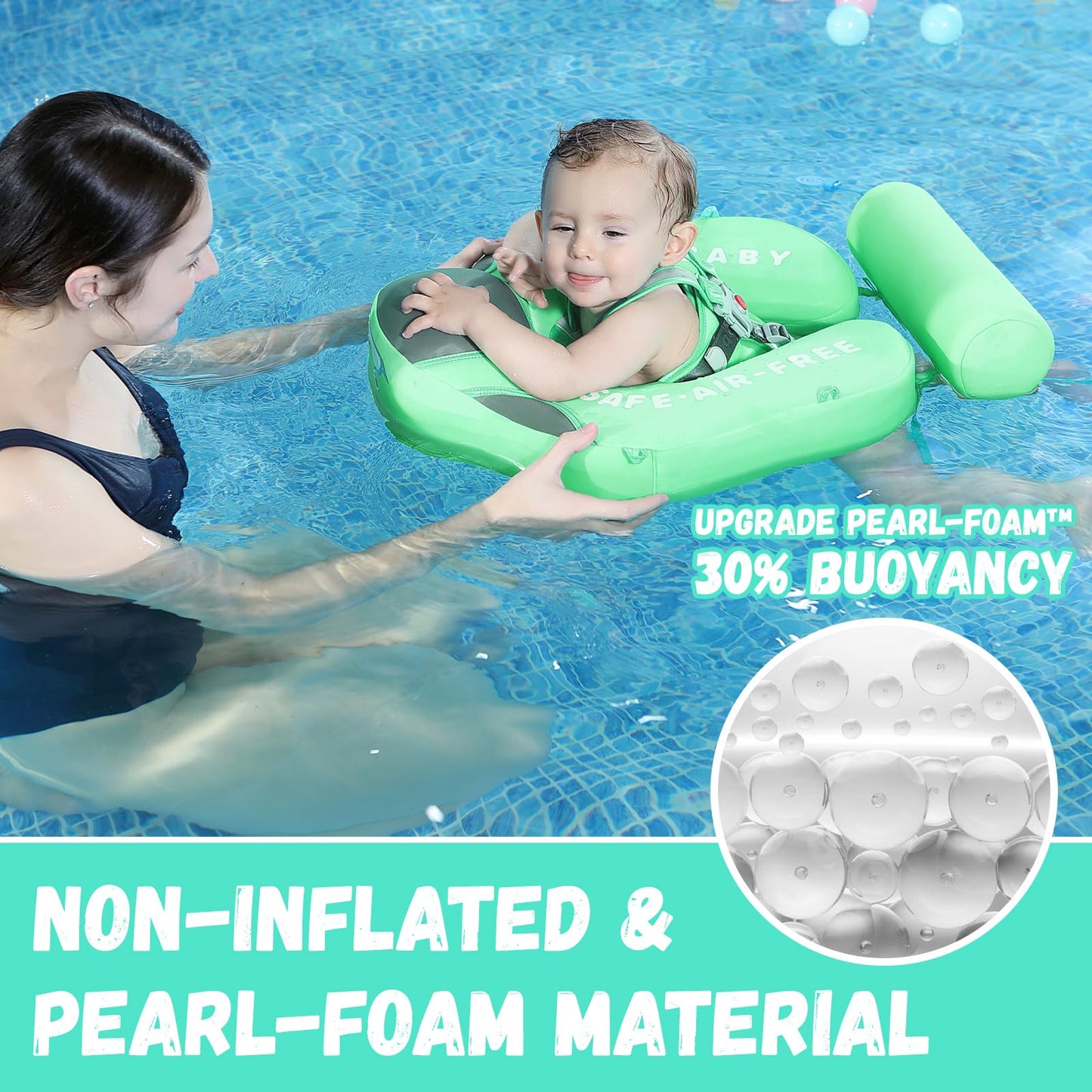 GENTEACO Mambobaby Baby Pool Float with Removable Canopy 3-24 Months Baby Float Non-Inflatable Infant Swim Float Add Tail Avoid Flip Skin-Friendly Material Swim Trainer for Toddler Boys Girls (Green)