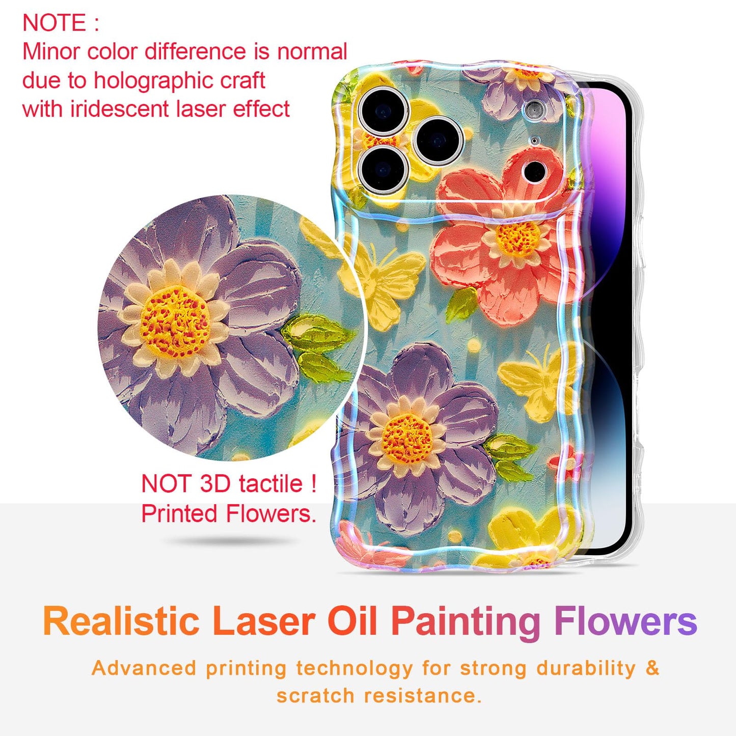 EYZUTAK Case for iPhone 17 Pro, Colorful Retro Oil Painting Flower Laser Glossy Pattern Cute Curly Wave Edge Exquisite Phone Cover Stylish Durable TPU Protective Case for Women - Butterfly Flower