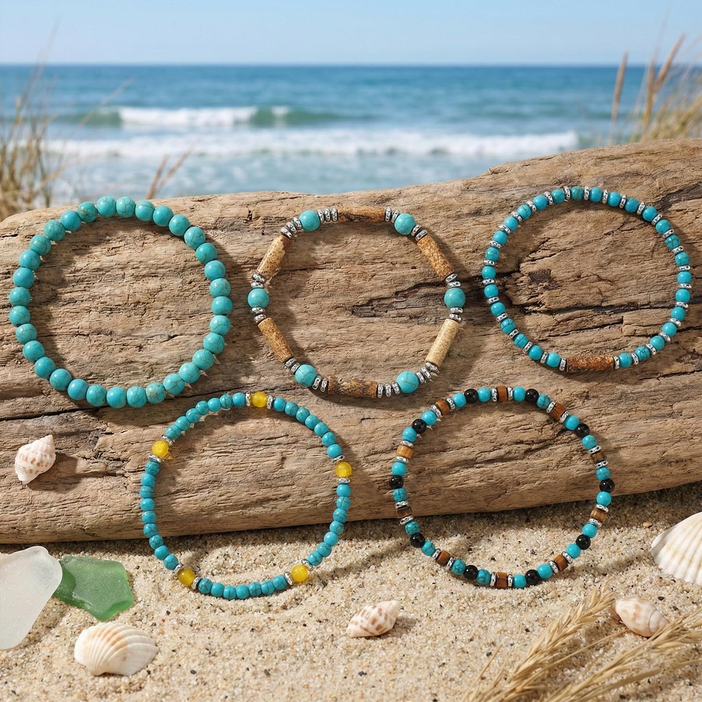 SHINUS BOHO Healing Crystal Beaded Bracelet Stack for Women,Stretch Bohemian Natural Turquoise Gemstones Stackable Bracelets Trendy Summer Accessories Jewelry Gifts Friendship