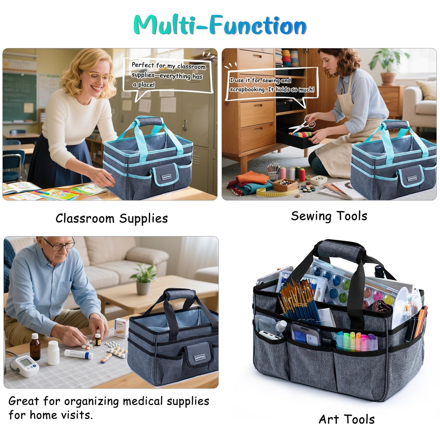 APOFFICE Art Supply Organizer Tote Bag – Craft Caddy with Handle, Utility Storage Tote with Multiple Pockets & Adjustable Divider for Sewing, Scrapbooking, School, Office, Medical Supplies