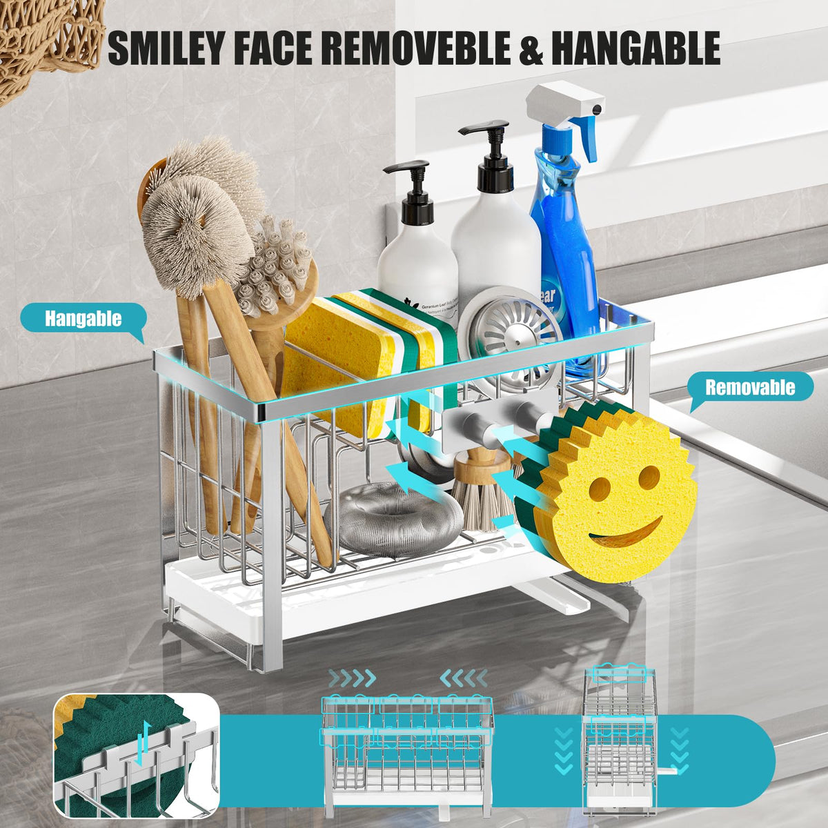 Sponge Holder for Kitchen Sink with Flexible Sink Caddy Smiley Face