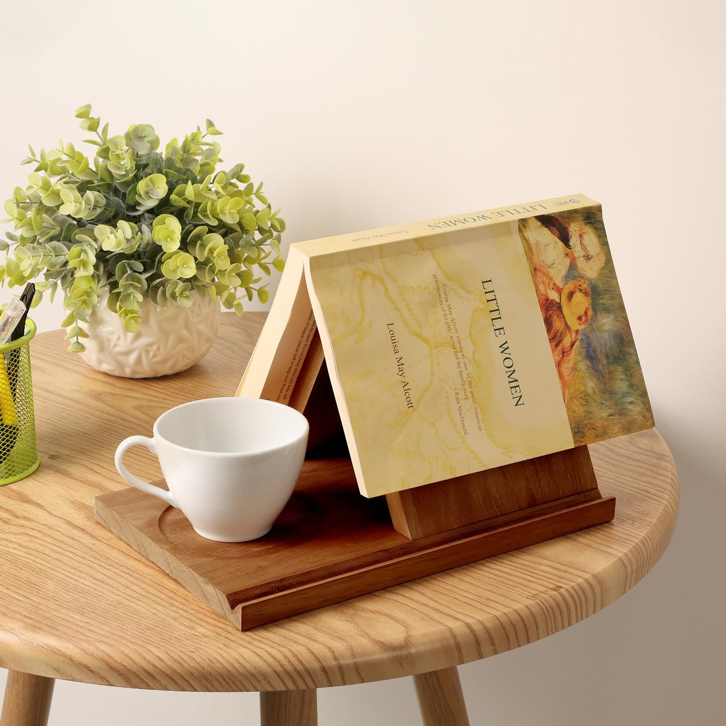 LITIVY Wooden Triangle Bookmark, Small Bookshelf with Drink Holder, Wood Book Reading Rest with Slotted, Book Corner Display Triangle Book Holder (Brown)
