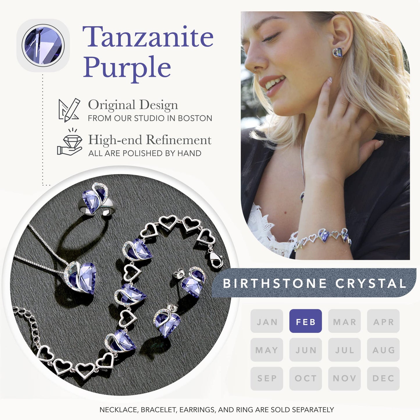 Leafael Infinity Love Heart Gift Bracelet for Women, February Birthstone Crystal, Tanzanite Purple, Silver Tone, 7-inch Chain and 2-inch Extender
