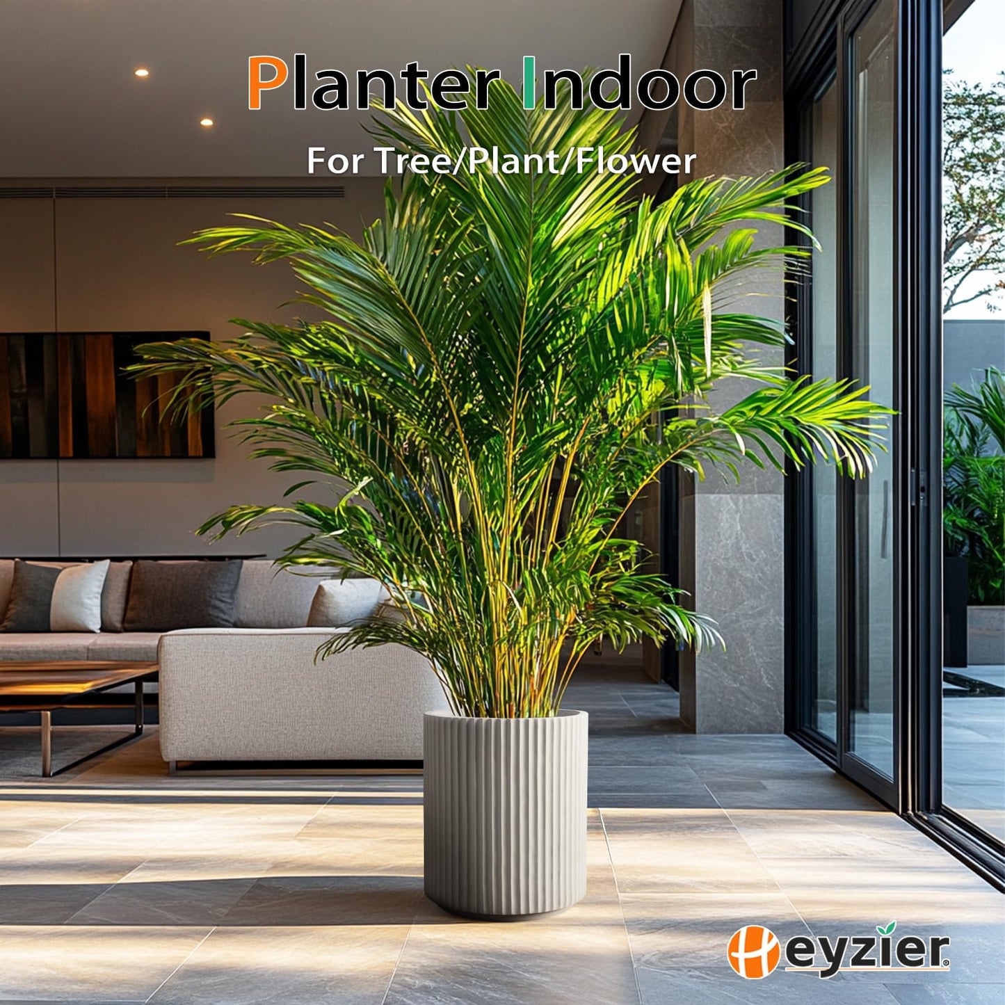 Heyzier Round Concrete Planter Outdoor Indoor, Large Cement Plant Pots for Flowers (Vertical Gray, 12 inch)