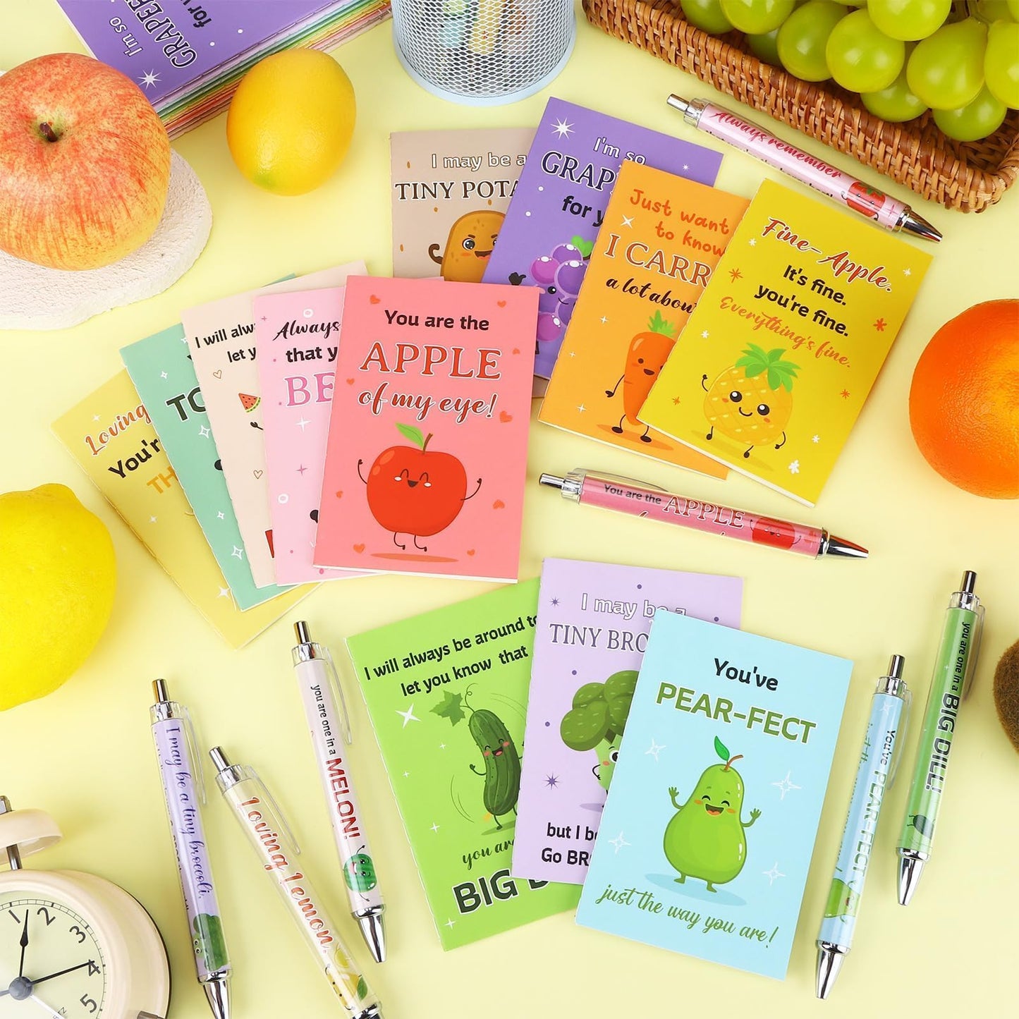 24 Sets Inspirational Mini Notebook with Pens Bulk Motivational Pocket Notepad with Cute Fruit Vegetable Pun Design Positive Gifts Employee Appreciation Gifts for Coworker Volunteer Teacher Students