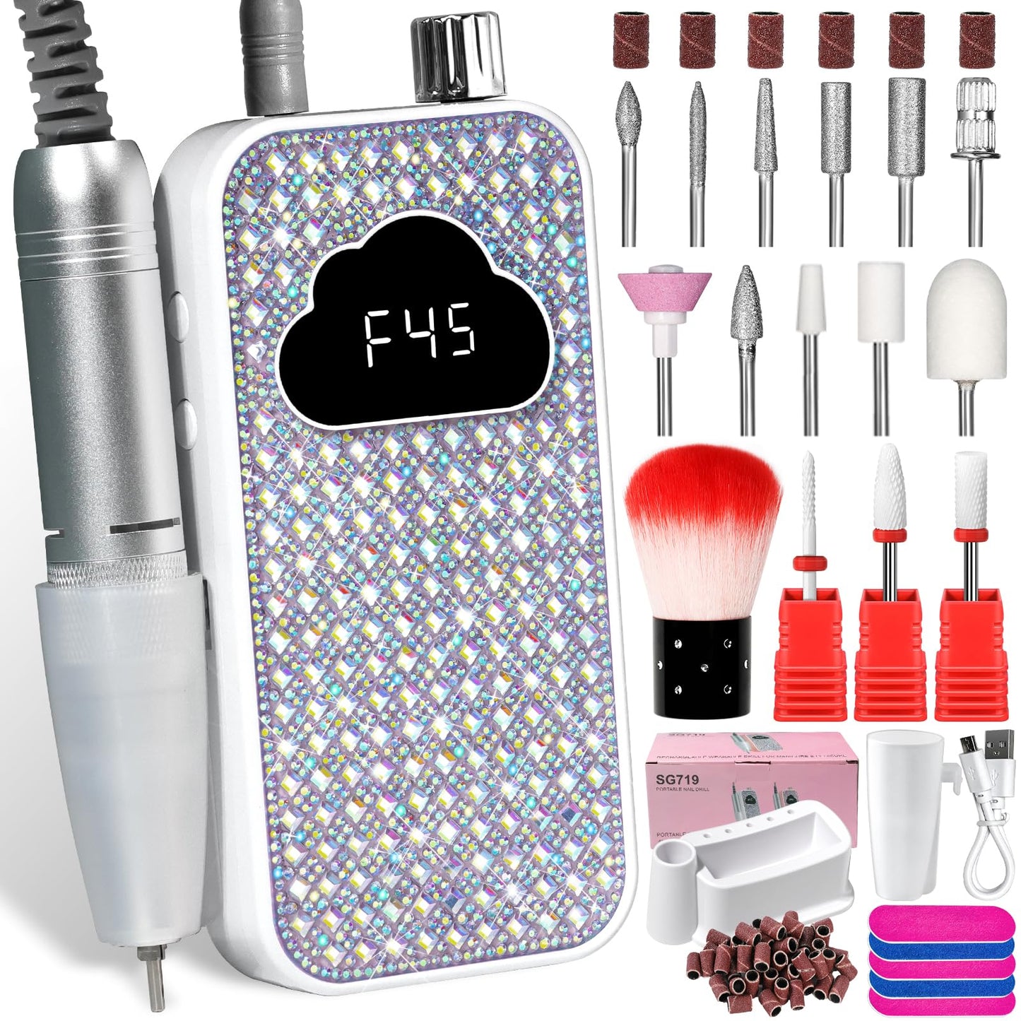 LIMEGIRL Professional Electric Nail File Drill Bits Kit 45000RPM for Acrylic Toenail Machine Clippers with 14 Drill Bit Gradient White Glitter Portable Rechargeable Cordless