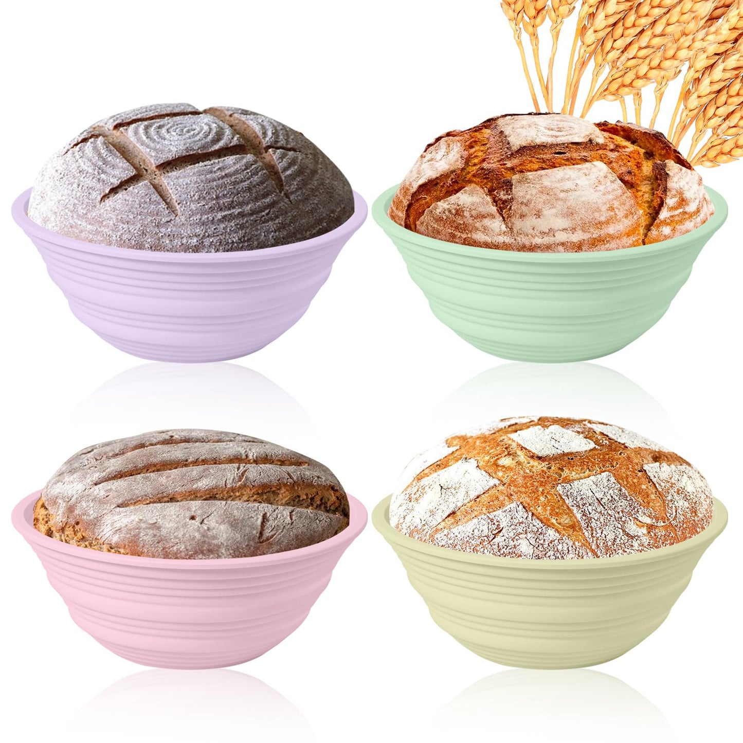 Ycgcp 4Pcs Silicone Banneton Bread Proofing Baskets, 9" Collapsible Sourdough Bread Baking Supplies Non-Stick Round Dough Proofing Bowl Containers Oven Safe for Various Tastes Bread Making-BPA Free